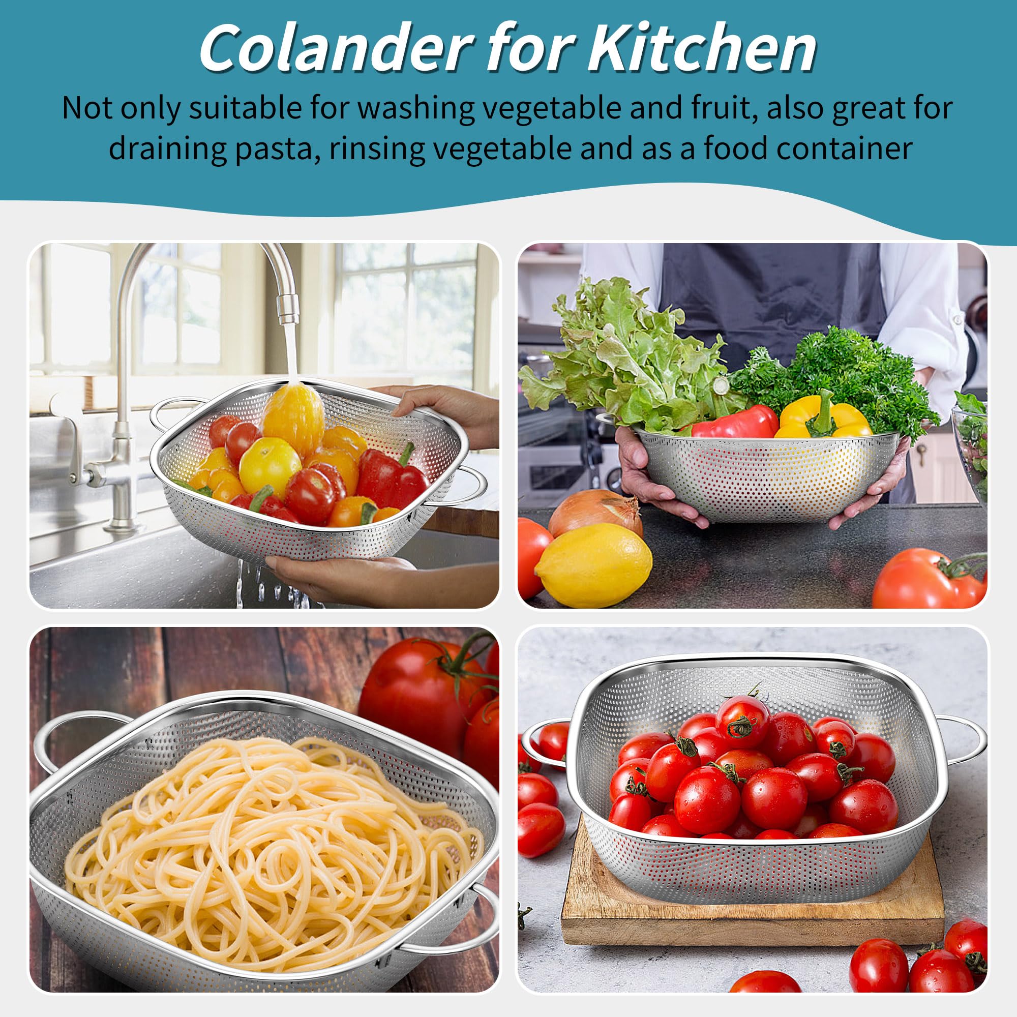Herogo Set di 3 colini quadrati in acciaio inox per cucina | Colino da cucina in metallo con piedini rialzati, ideale per scolare/scolare/pulire verdura/pasta/frutta