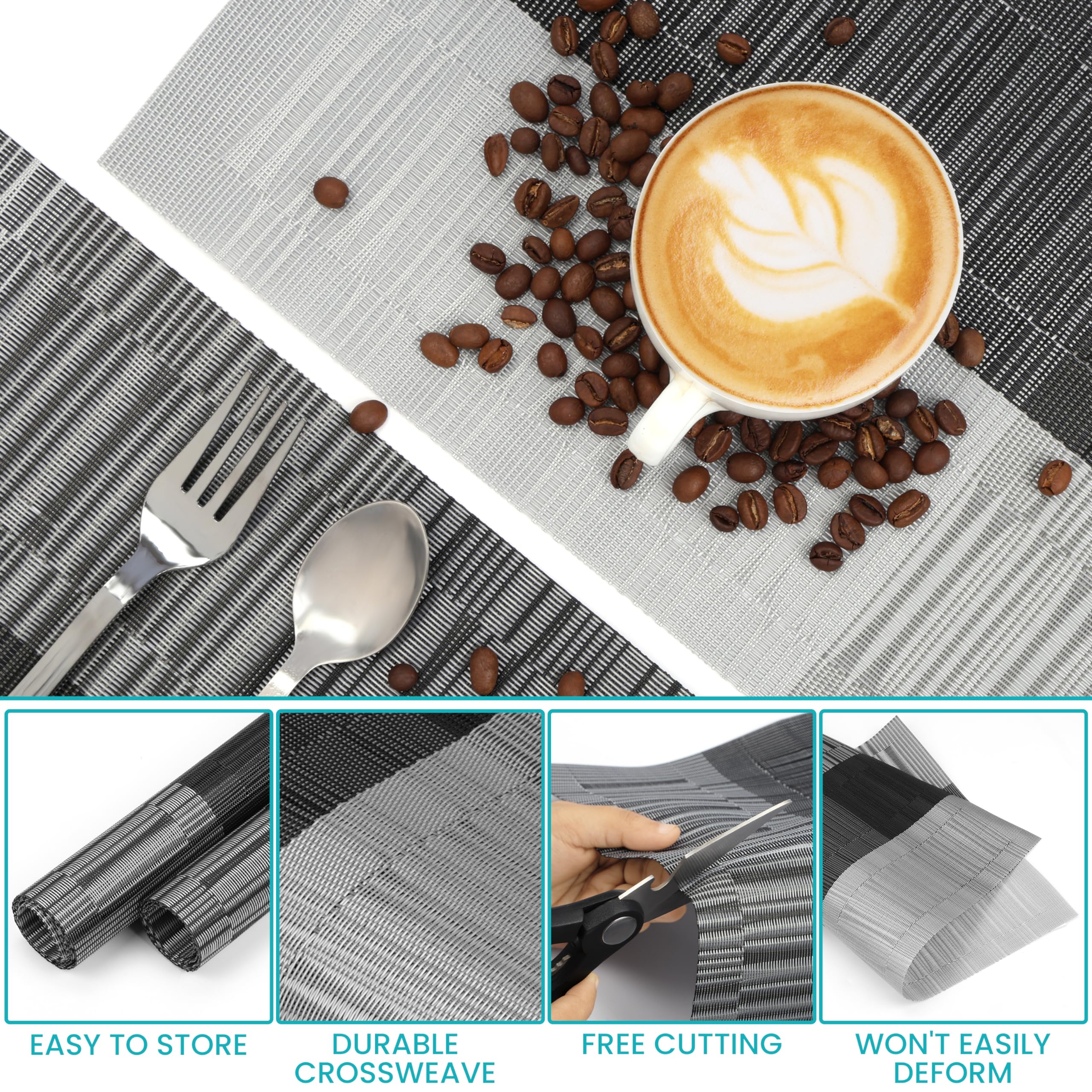 Belle Vous 6 Pack of Grey & Black Placemats, PVC Non-Slip, Tear-Resistant & Washable Place Mats, Easy To Clean - Image 3