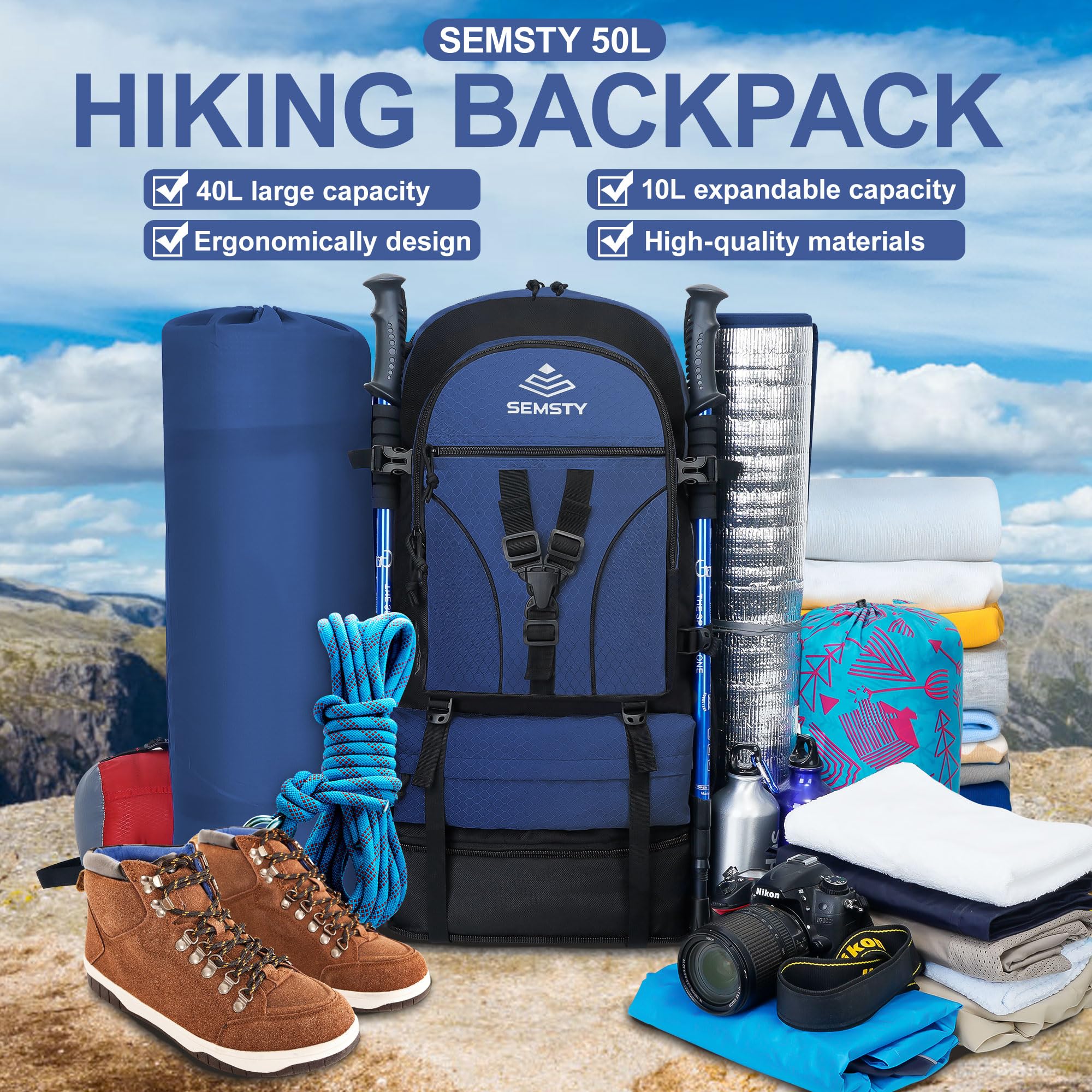 Mochila de senderismo, 40 L + 10 L, mochila de viaje expandible aprobada para vuelo, camping, mochila de viaje para hombres y mujeres