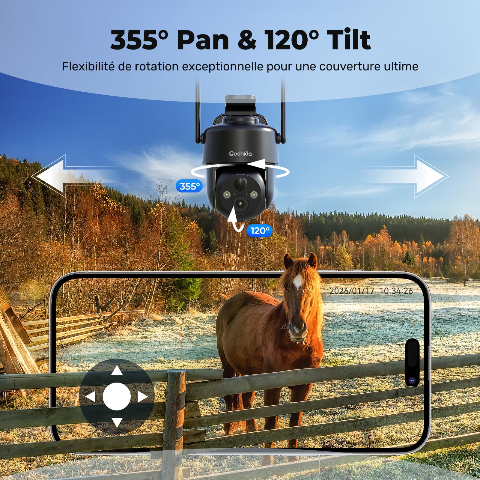 Codnida 4G LTE Caméra de Surveillance Extérieure sans Fil Solaire avec Carte SIM,9000mAh Batterie,2K HD,Vision Nocturne Couleur,Audio Bidirectionnel,IP66