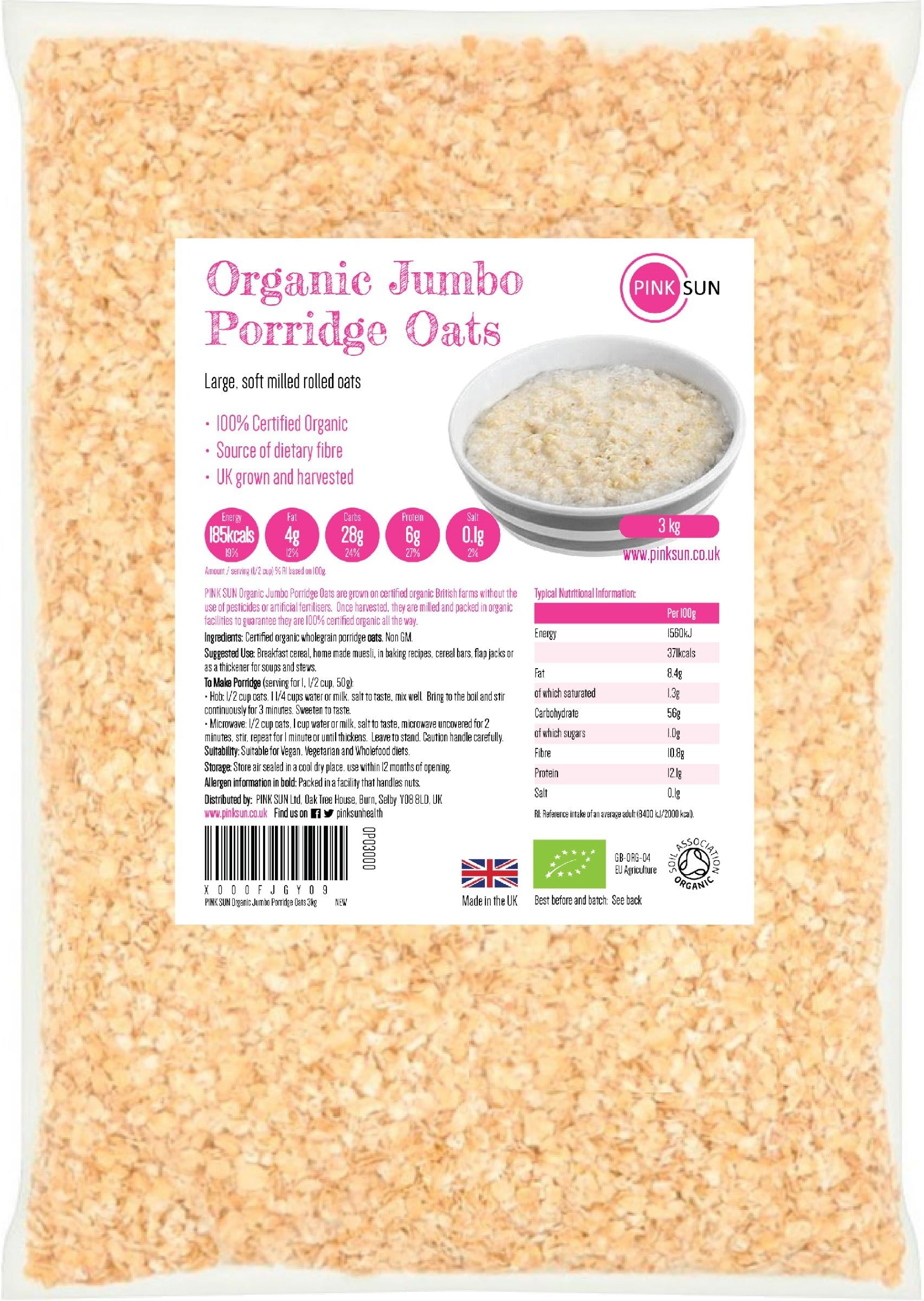 Organic Oats 3kg (or 6kg 9kg 15kg) Rolled Wholegrain Porridge Oatmeal Vegetarian Vegan Non GM Certified Bio No Added Sugar PINK SUN Bulk Buy
