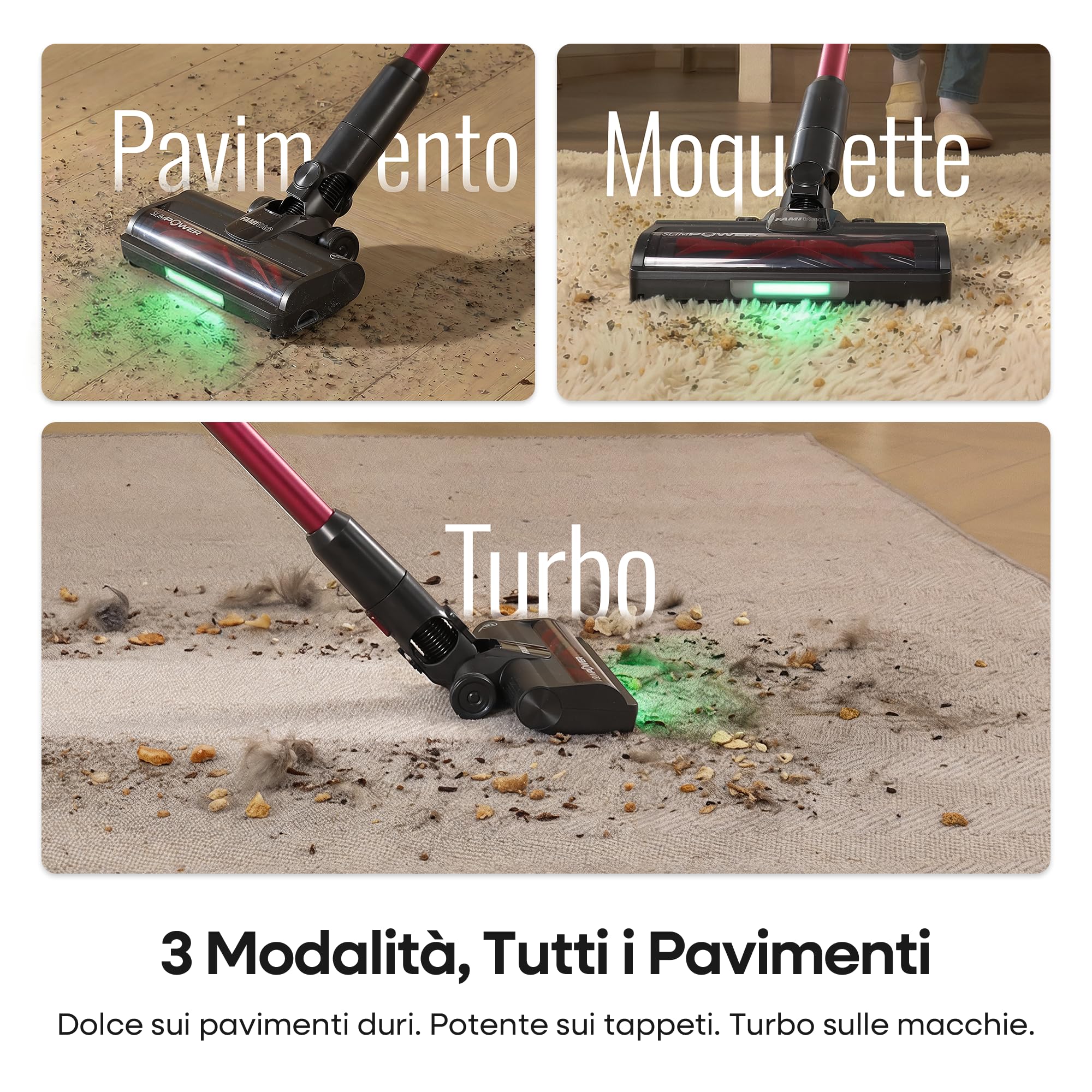 FAMIVAC FV3 Aspirapolvere senza Fili 60KPa/50Min/120㎡, Tubo Pieghevole, Autoportante con Spazzola Antigroviglio, Luce Verde, Scopa Elettrica Potente per Pavimento Duro/Moquette/Peli Animali/Auto