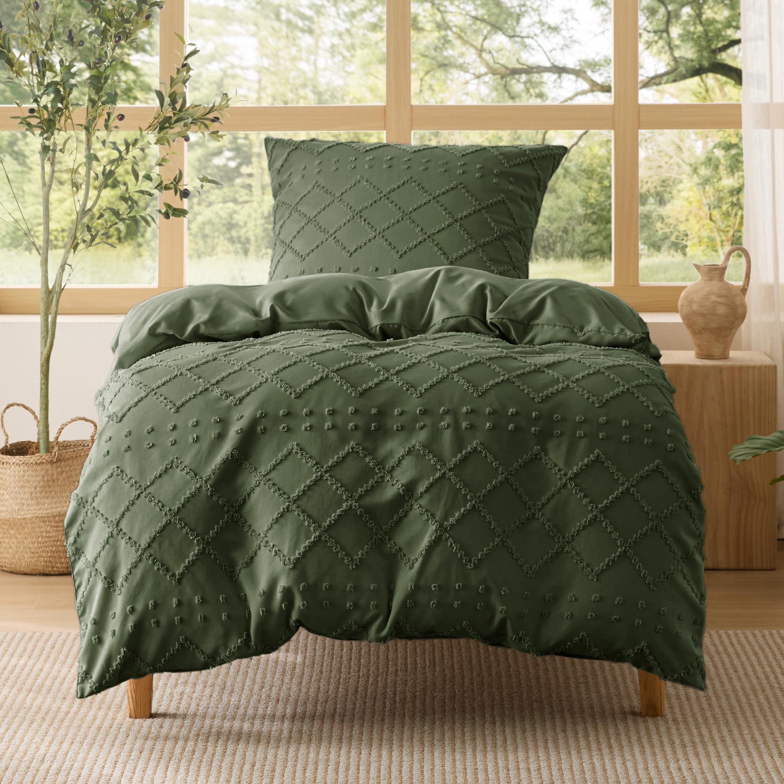 BEDSURE Juego de ropa de cama Boho de 135 x 200 cm, 2 piezas, color verde oliva, con 1 funda de almohada de 80 x 80 cm, con cremallera Öko-Tex