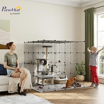 PawHut Cat Cage Indoor, Detachable Wire Cat Kennel with Hammock, 4 x 4 x 4 DIY 4 Tier Cat Enclosure with Jump Platforms, Ramps, Doors, for 13 Cats, 55 L x 55 W x 55 H, Black