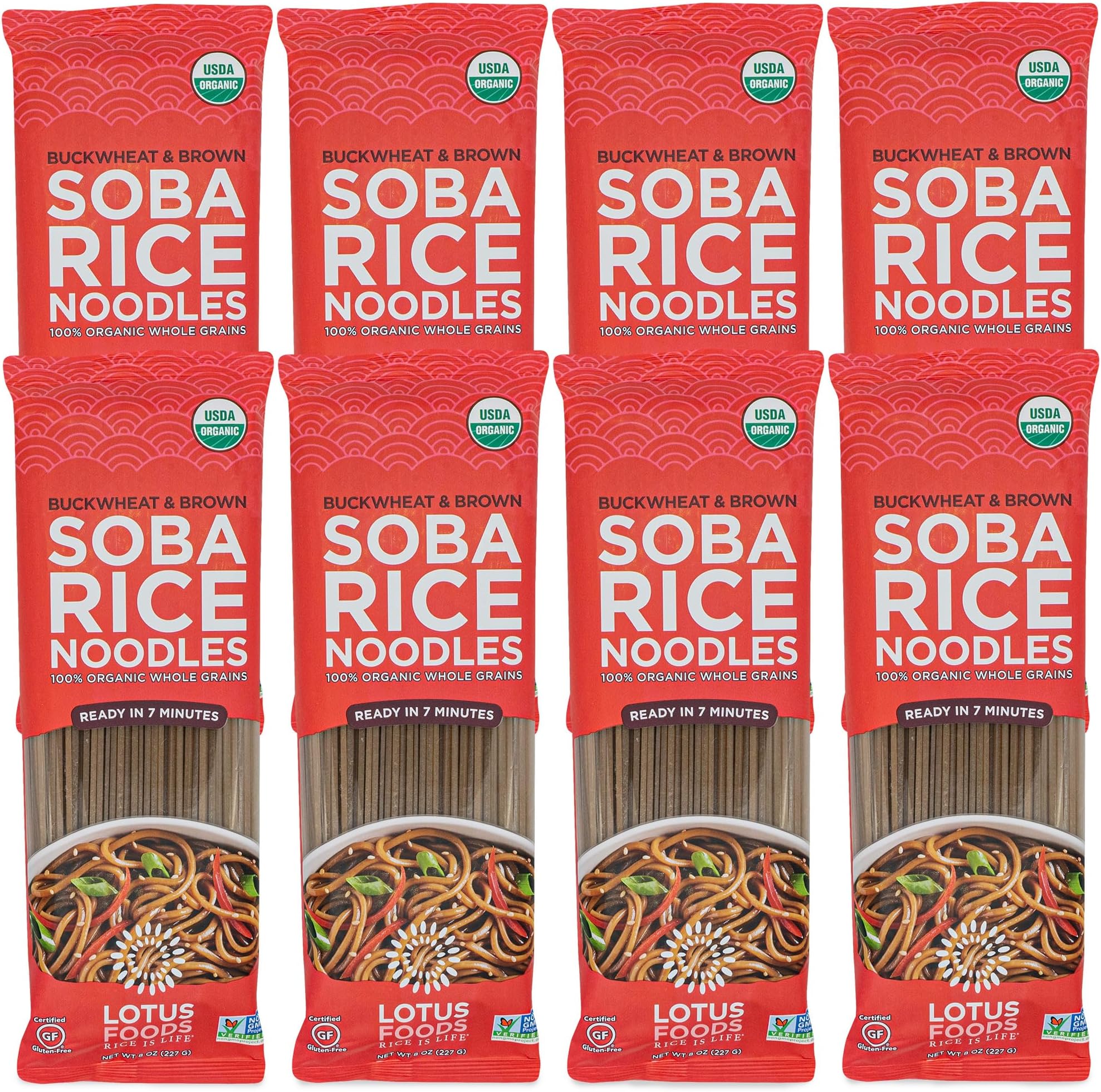Lotus Foods Organic Soba Rice Noodles - Organic Rice Noodles, Asian Noodles, Rice Noodles Gluten Free, Brown Rice & Buckwheat Flour, Perfect for Stir Fry, GF, Vegan, Non GMO - 8 Oz (Pack of 8)