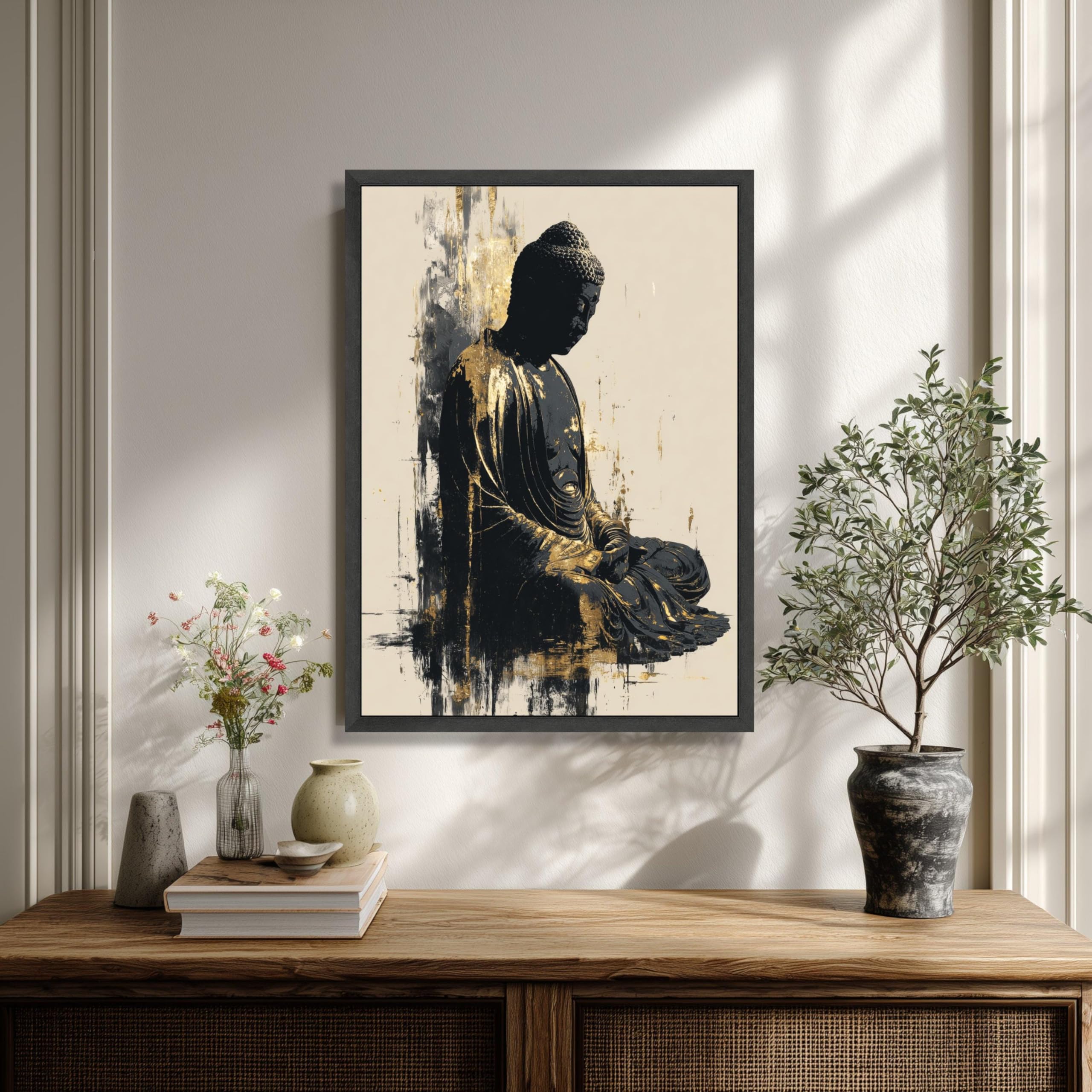 XINBAO Medytacyjny posąg Buddy na płótnie, złota i czerń, dekoracja ścienna, inspirowane zenem płótno, spokojny obraz Buddy (60 x 80 cm/wewnętrzna rama)
