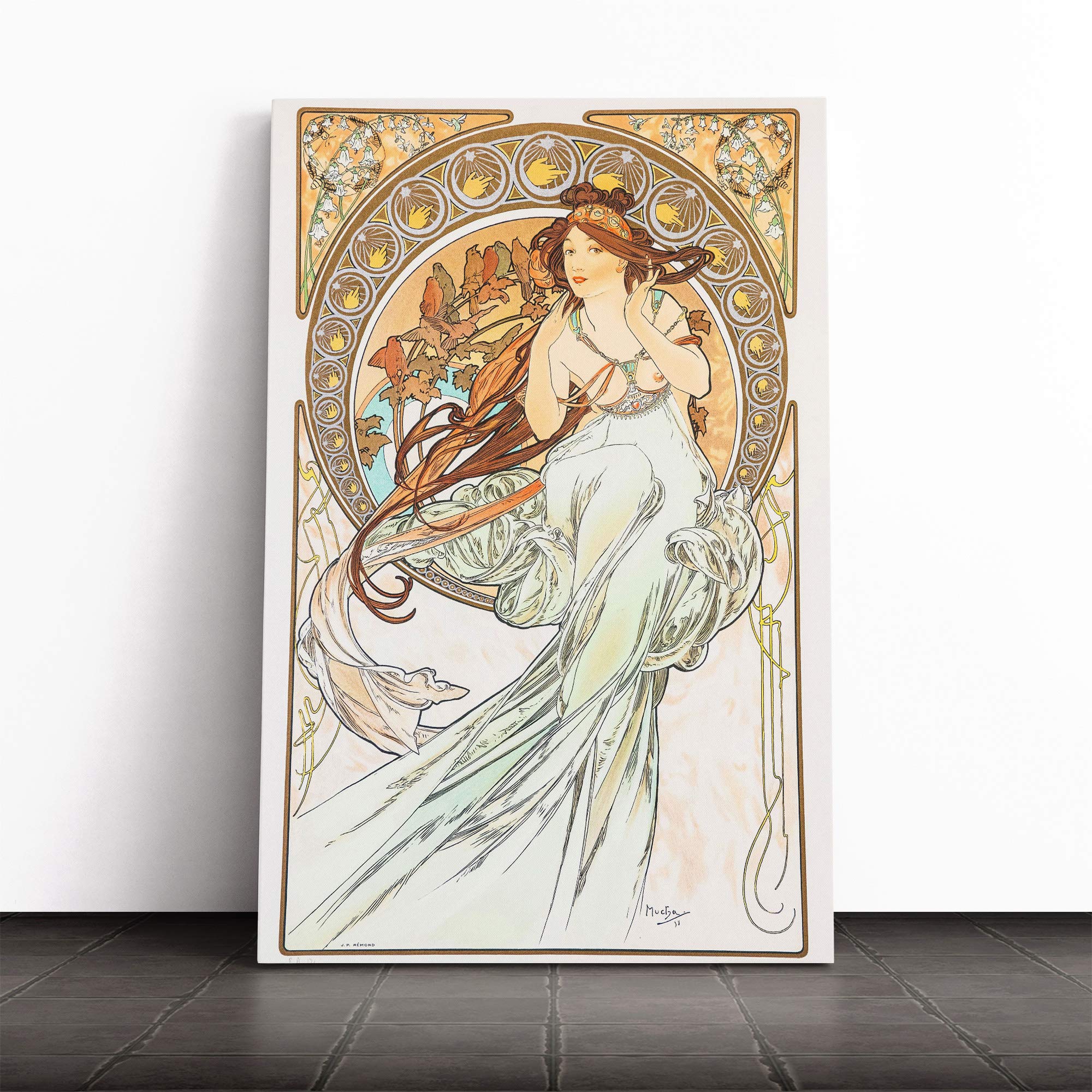 Alphonse Mucha Music Canvas Print | Gallery Wrapped 30mm Frame Wall Art | 24x16 inches | Ready to Hang | Modern Music Picture | Living Room Bedroom Lounge Office