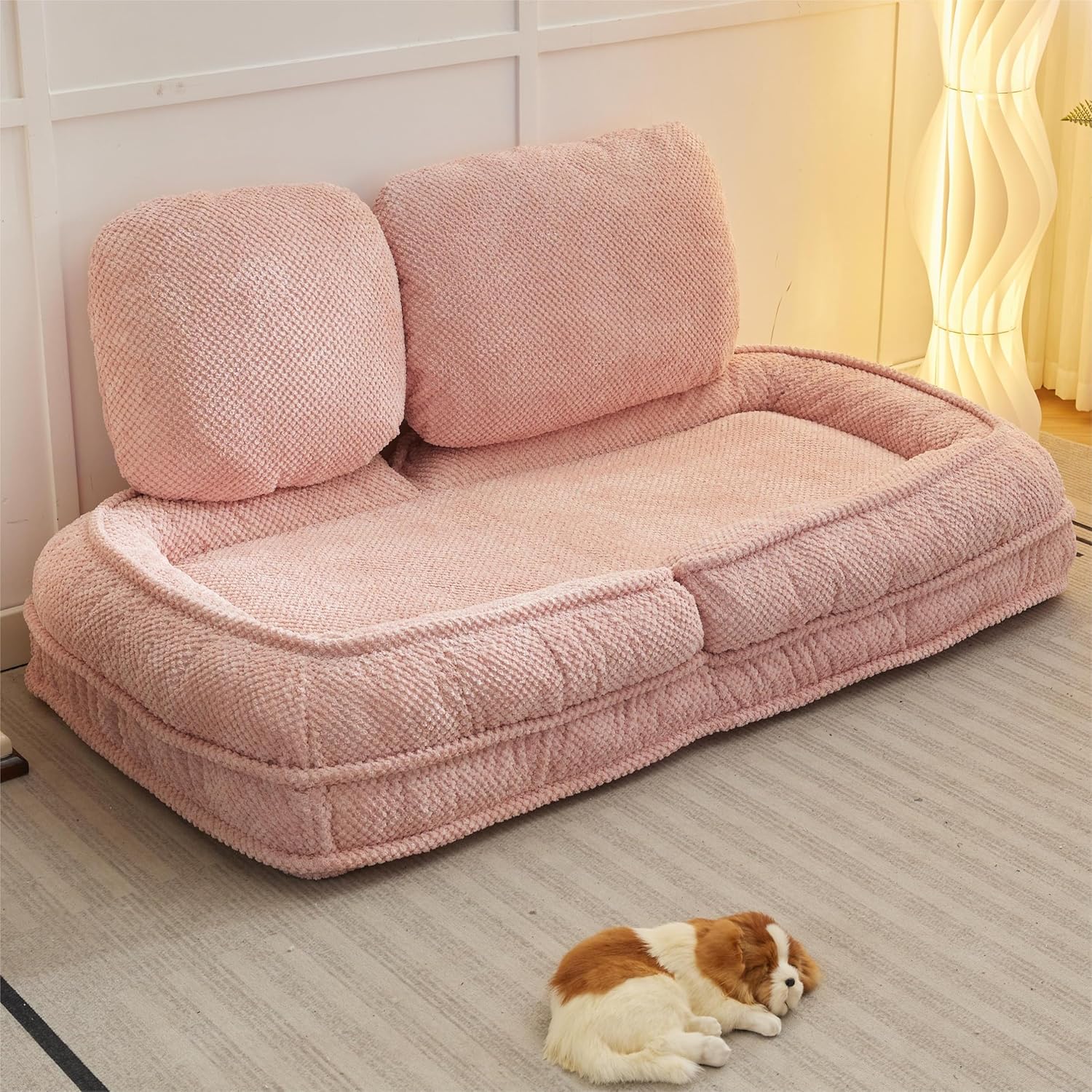 Floor Chair with Back Support, Human Dog Bed, 5 Adjustable Position Plush Folding Chair, Upholstered Lounge Chair for Adults & Pets, Single Lazy Sofa Bed for Living Room, Game Room, Pink