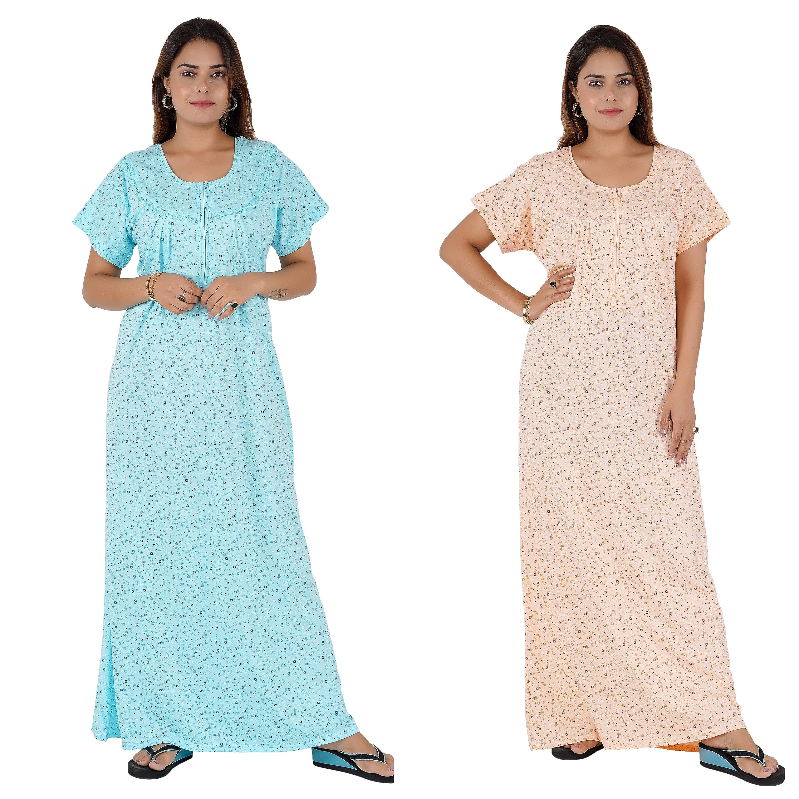 INSTRY Women's Printed Hosiery Cotton Half Sleeve Nighty Nightgown Maxi Combo Pack of 2