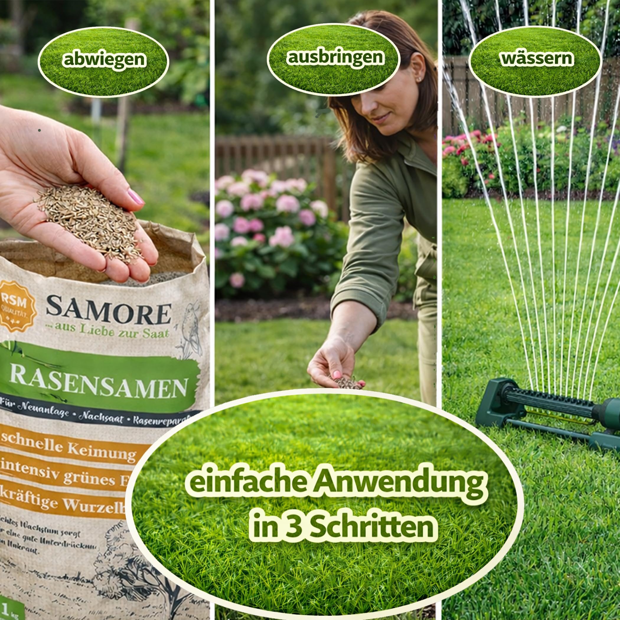 samore- Rasensamen schnellkeimend I Nachsaat Rasen I Extrem hohe Keimrate I Rasensamen trockenresistent zur schnellen Lückenschließung I Rasennachsaat RSM Qualität (10 kg für 500 m²)