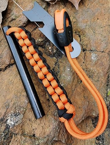 Miniatura 3 de FOSTAR - Barra de ferro perforada, acero pedernal de 4 pulgadas con mango de cordón de paracaídas, golpeador y silbato, para kits de supervivencia