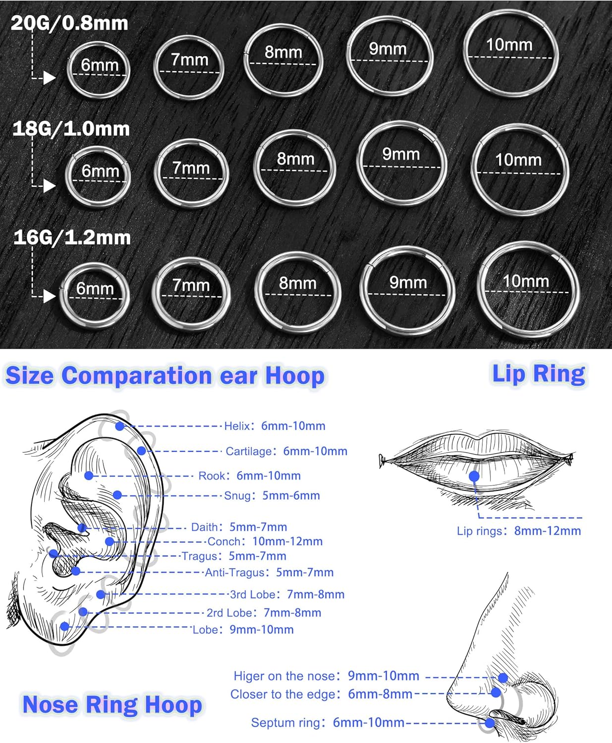 Jewseen 2PCS Titanium Nose Rings Hoops 16G/18G/20G Nose Ring for Women Hinged Clicker Nose Piercing Jewelry Septum Rings Surgical Steel Helix Daith Tragus Conch Hoop Earrings Cartilage Hoop for Women - Image 3