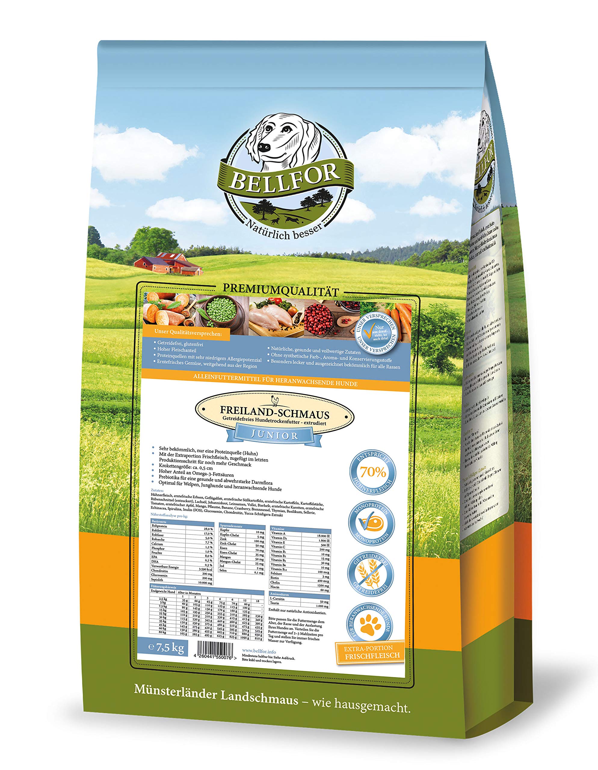 Bellfor Freiland-Schmaus Junior Trockenfutter mit Huhn für Welpen und Junge Hunde Getreidefrei Optimal für ernährungssensible Hunde Hoher Anteil an Omega-3-Fettsäuren 7,5 kg