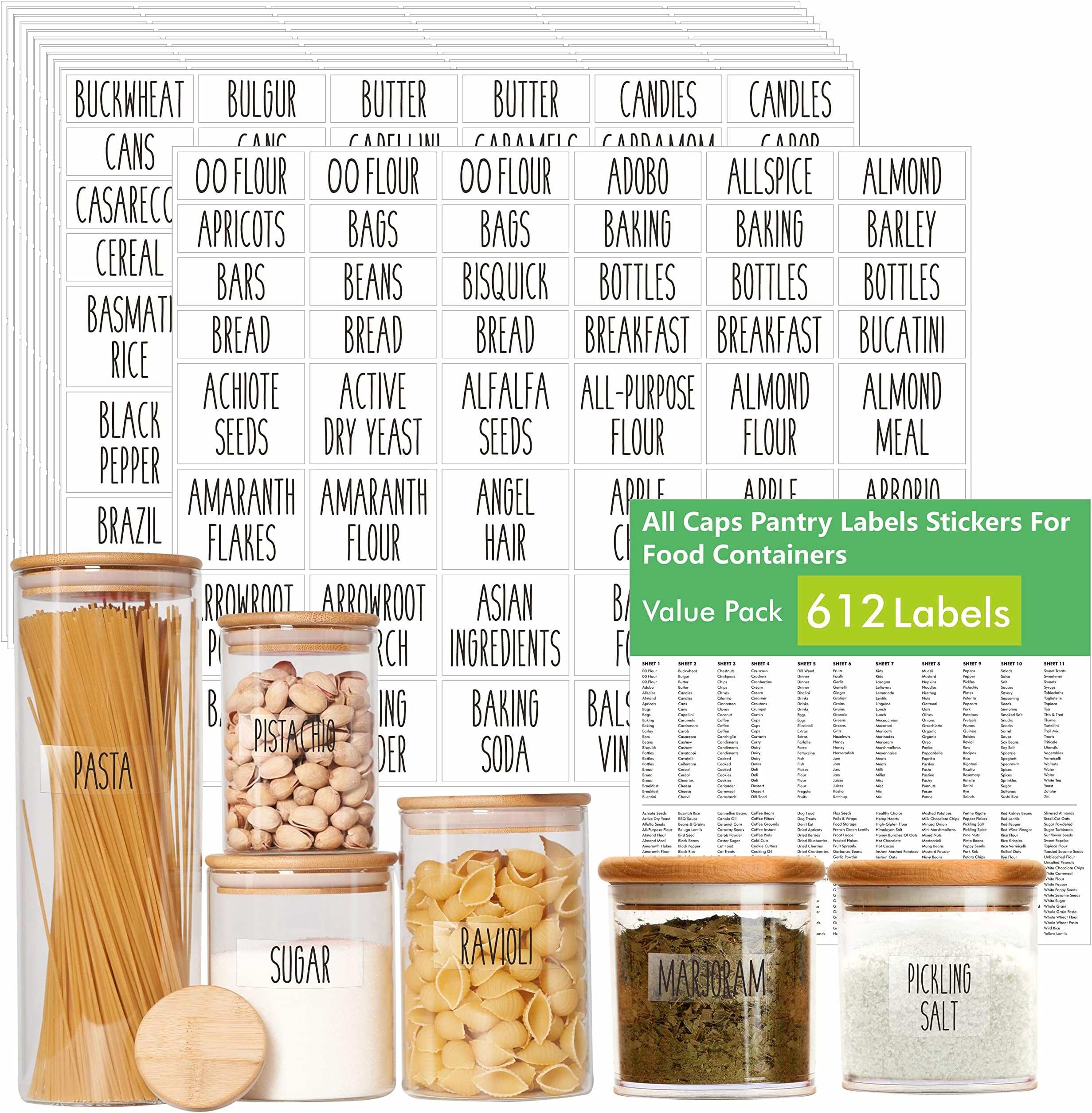 612 All Caps Minimalist Pantry Food Labels, Herb Spice Seasoning Oil Stickers, Plus 51 Blank Ones, Waterproof, Oil & Tear Resistant, No Residue, Expand Version for Kitchen Containers Jars