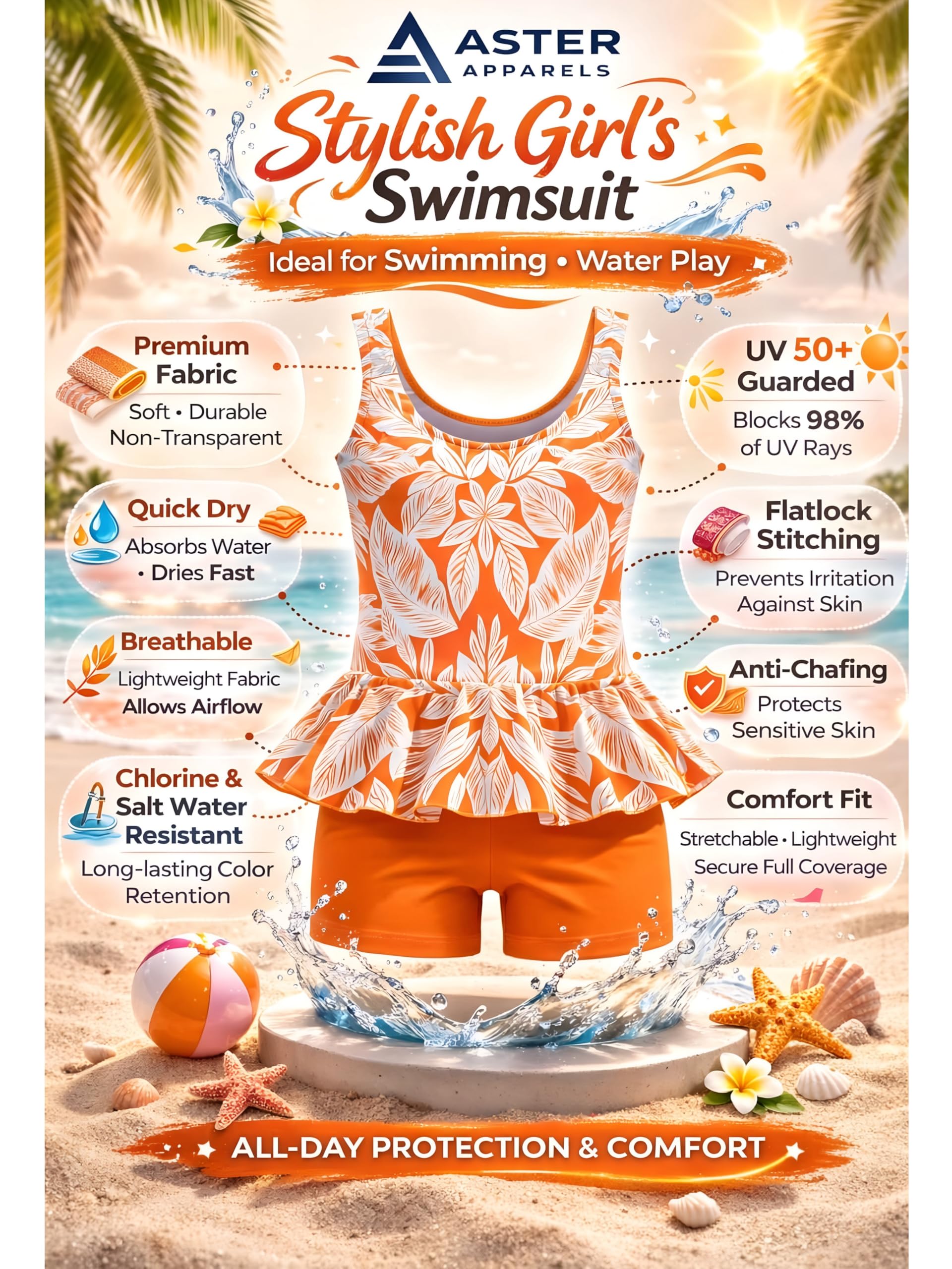 ASTER APPARELS Girls Swimming Dress Combo Set with Cap, Goggles, Tube, Nose Clip and Ear Plugs | Girls Swimming Costume with Accessories | Age 2-13 Years (in, Age, 7 Years, 8 Years, Regular, Orange) 3