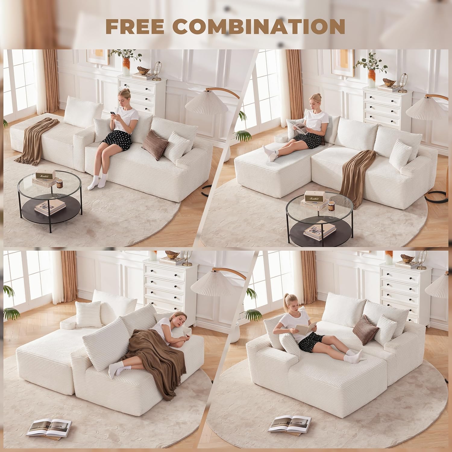 Mangodan Cloud Sectional Sofa, Boneless Couch for Living Room, Modular Sectional Sofa with Deep Seat, Fluffy Comfy Couch with L-Shaped Chaise, No Assembly Required, Beige