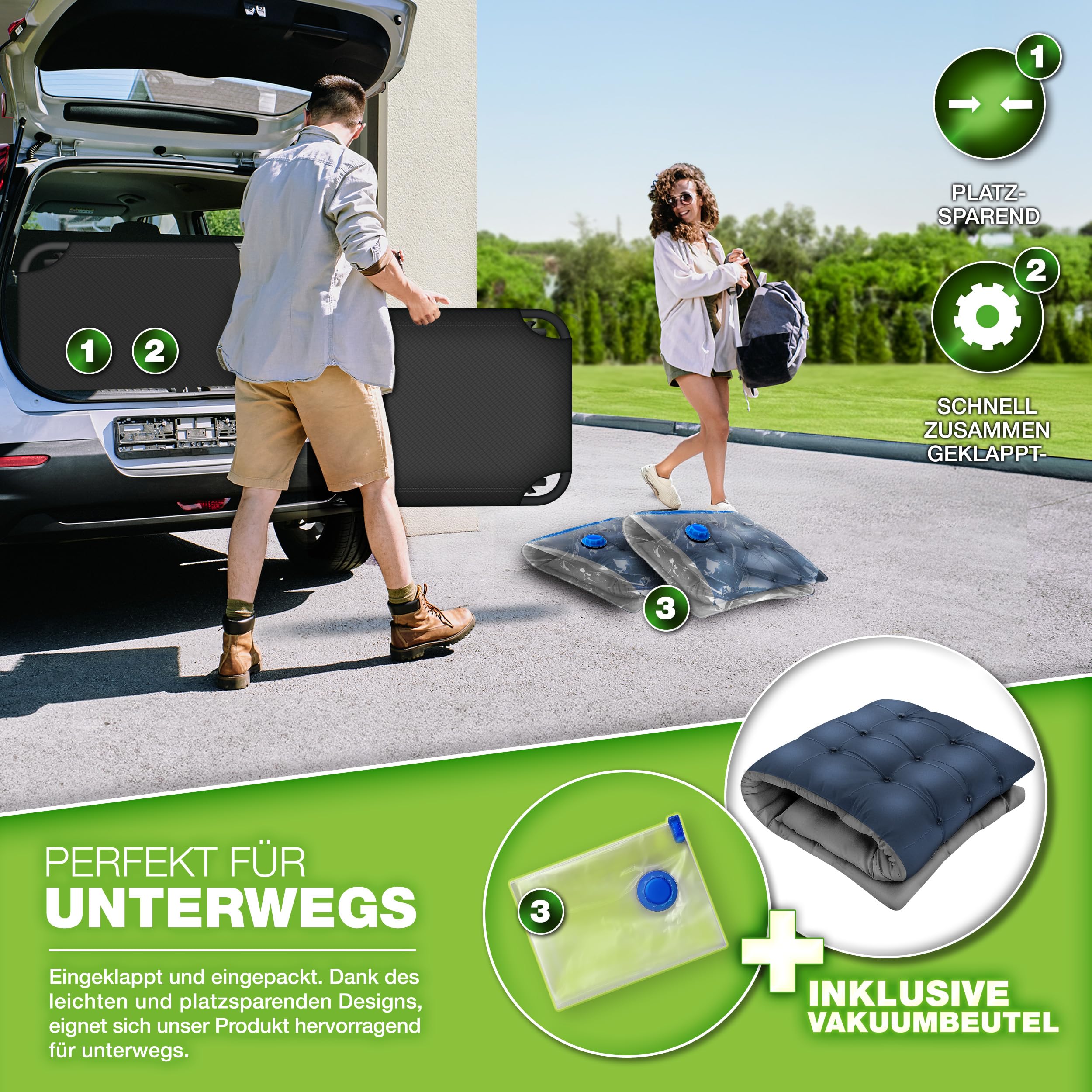 tillvex® Lit de camping pliable avec sac de transport et coussin de nuque - Charge maximale : 280 kg - Chaise longue de camping avec rembourrage - Pour l'extérieur et l'intérieur - Lit d'invité