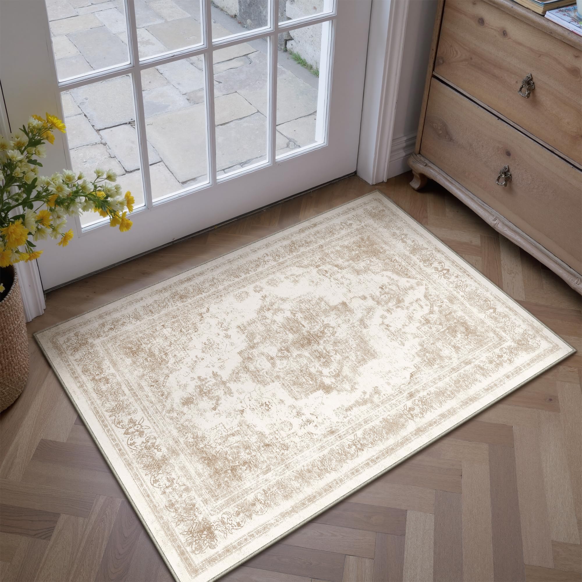 PureCozy Area Rug 2x3 Cream Washable Entryway Vintage Medallion Beige Carpet Non Slip Low Pile Soft Doormat Distressed Retro Indoor Small Rug for Kitchen Bedroom Laundry Bathroom