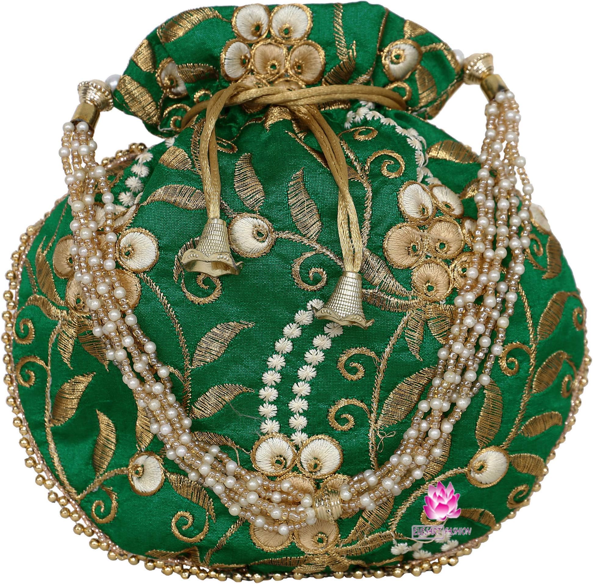 Potli Bag for Women Ethnic Gold, Pearl Handle Floral Accents, Drawstring Closure Pearls Handle Batwa Clutch Purse