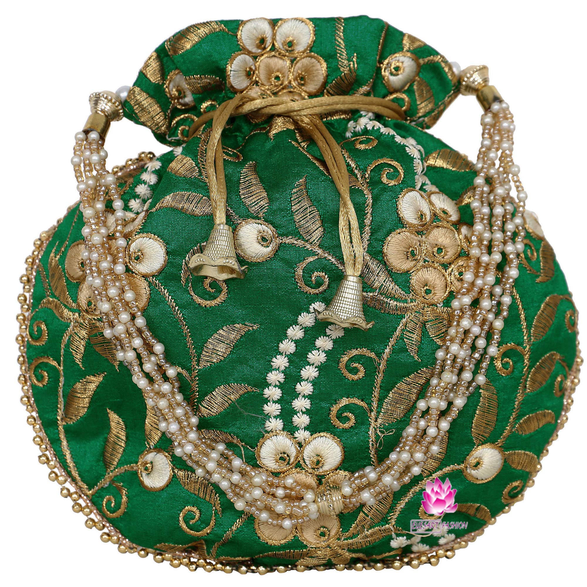 Potli Bag for Women Ethnic Gold, Pearl Handle Floral Accents, Drawstring Closure Pearls Handle Batwa Clutch Purse