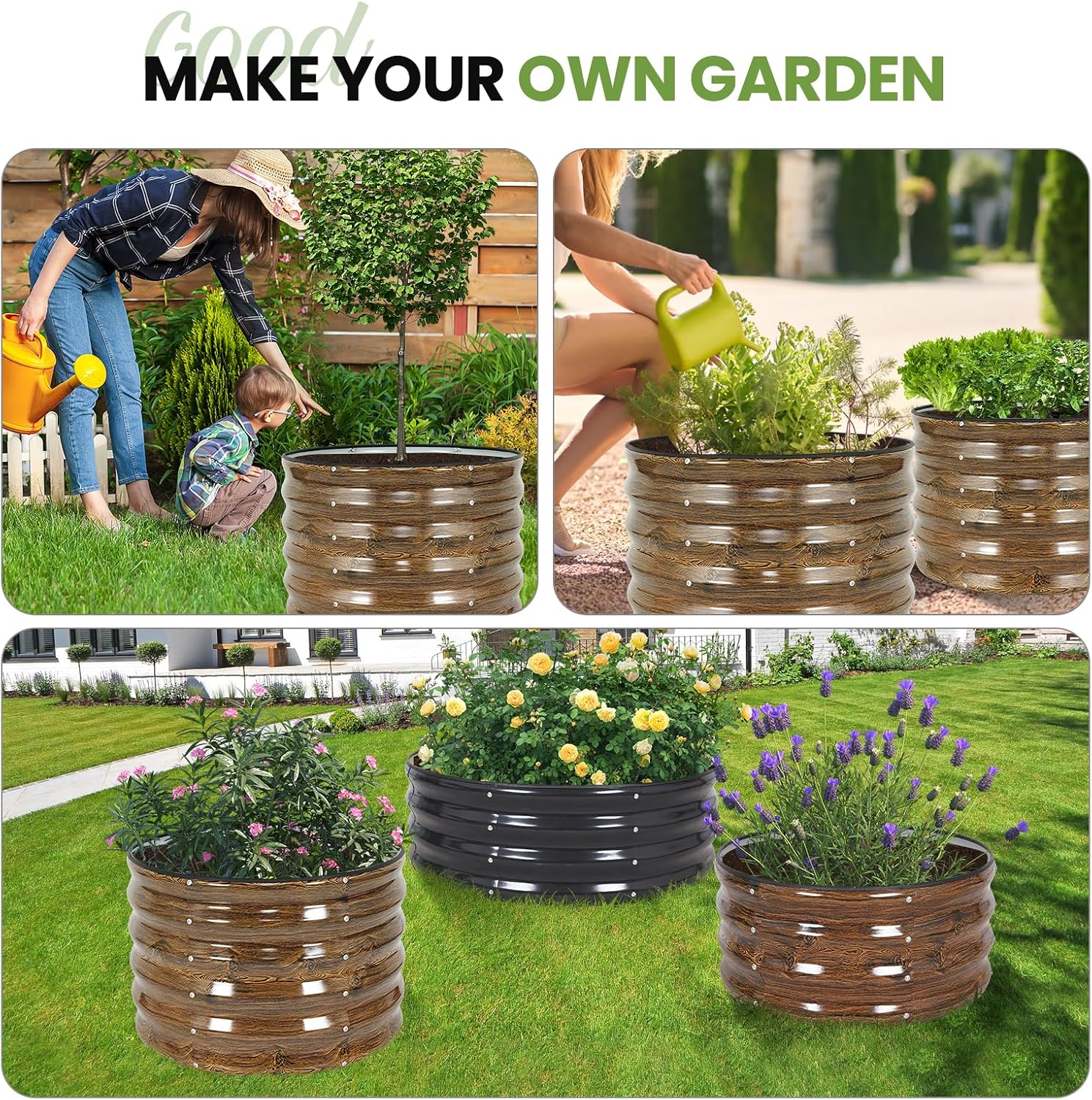 G GOOD GAIN Round Raised Garden Bed - 2Pcs 2x2x1.4ft Galvanized Steel Planter Boxes Outdoor with Rubber Edge Trim | Metal Raised Beds for Gardening Vegetables Flowers Fruits Herbs (Wood Grain)