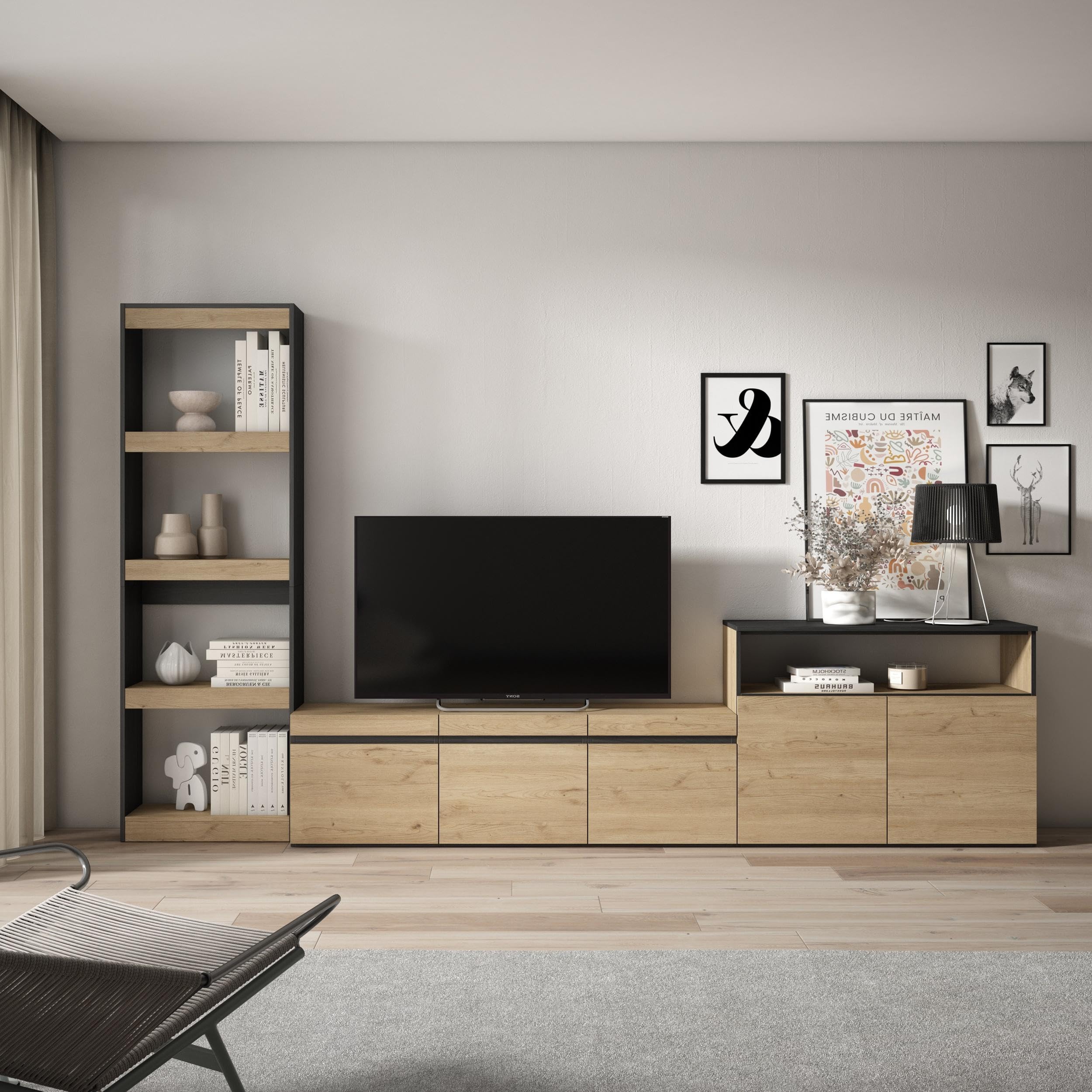 Skraut Home | Ensemble Meuble TV | Meuble Salon Complet | 310x186x35cm | pour Les TV jusqu'à 65" | Salon Complet | Style Moderne | Chêne et Noir