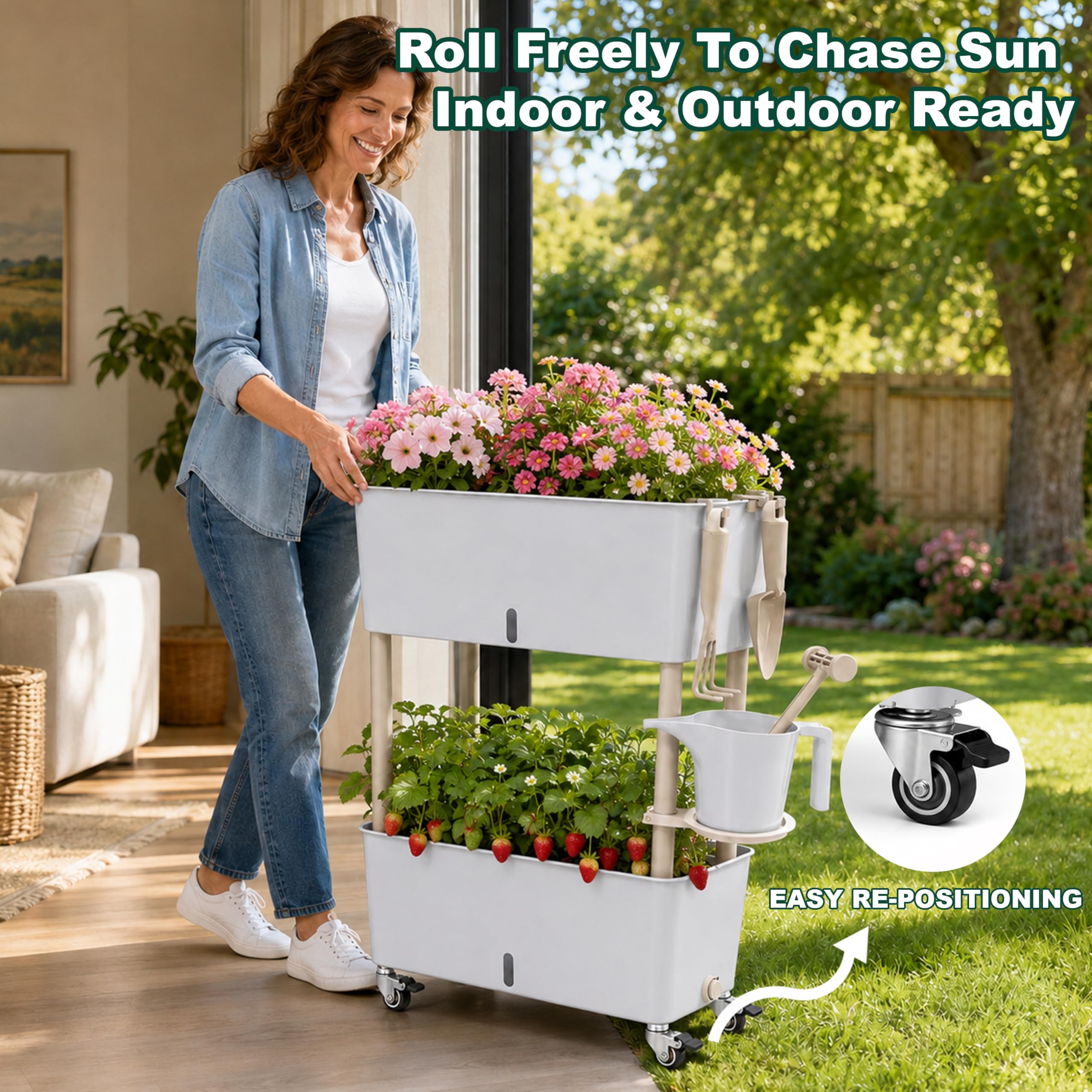 Zweistöckiges Hochbeet mit Rollen & Autobewässerung - Mobiles Kunststoff Hochbeet 46.6x25.5x70.5cm für Balkon & Terrasse - 40L Volumen, 2-Wochen Wassertank, Modulares Stapelsystem