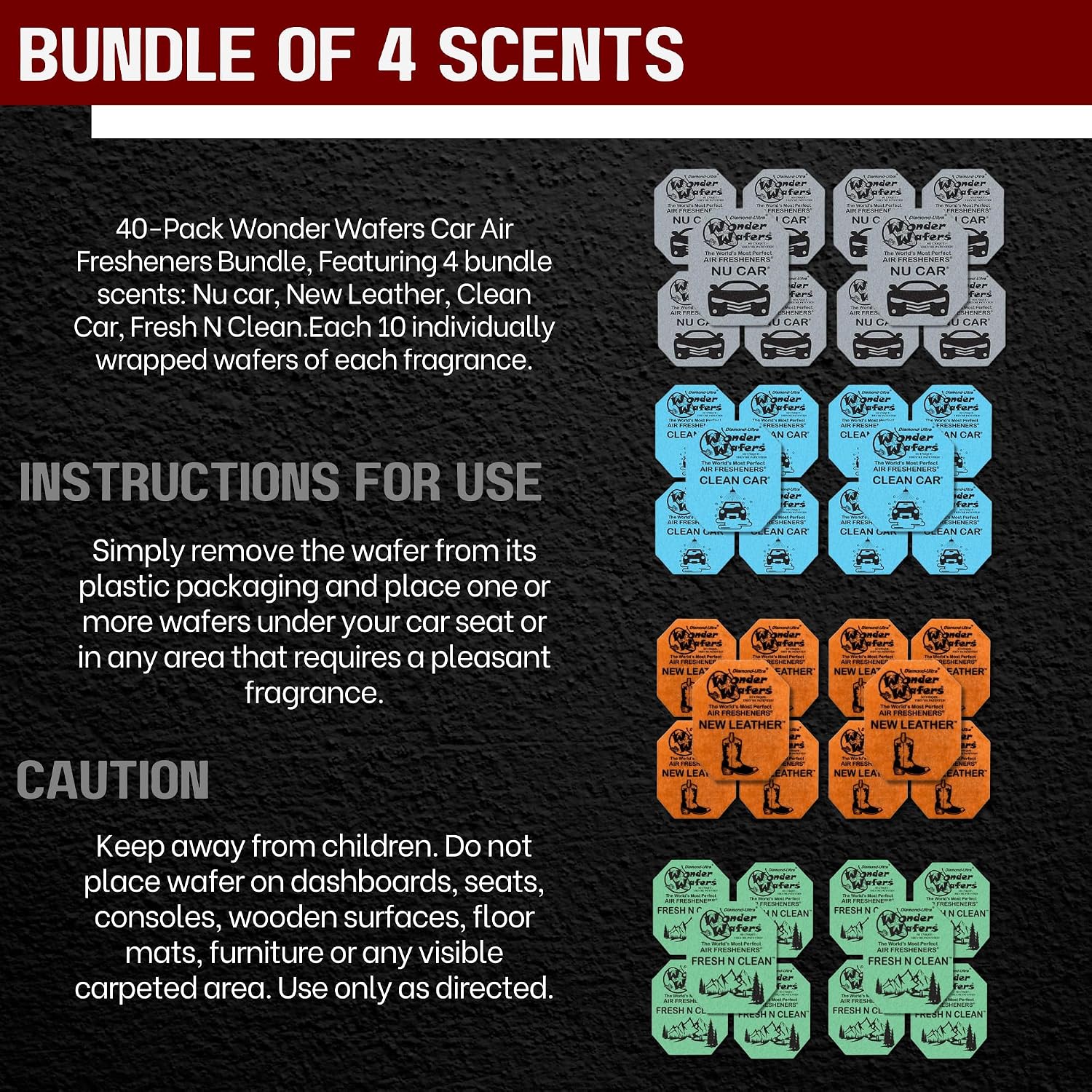 Wonder Wafers 40 Pack Car Air Fresheners - 4 Scent Bundle Variety Pack: Nu Car, New Leather, Clean Car, and Fresh N Clean - 10 Individually Wrapped Wafers of Each Scent!, Silver thumbnail