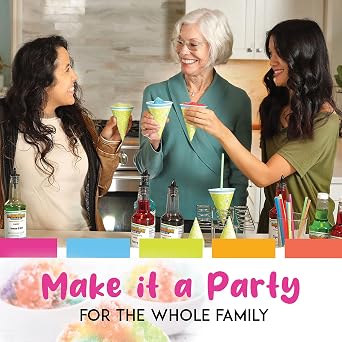 Hawaiian Shaved Ice Syrup Assortment with 10 - 16oz Bottles, 50 Snow Cone Cups, 50 Spoon Straws, and 10 Pouring Spouts. Flavors include: Tigers Blood, Pina Colada, Blue Raspberry, Cherry, Lemon-Lime