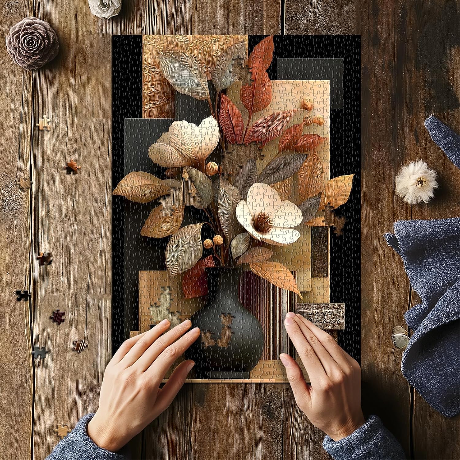 Timber Blooms Puzzles for Adults 1000 Pieces, Unique Flower Jigsaw Puzzle Vase, Floral Bloom Puzzle, Beautiful Flower Wall Decor