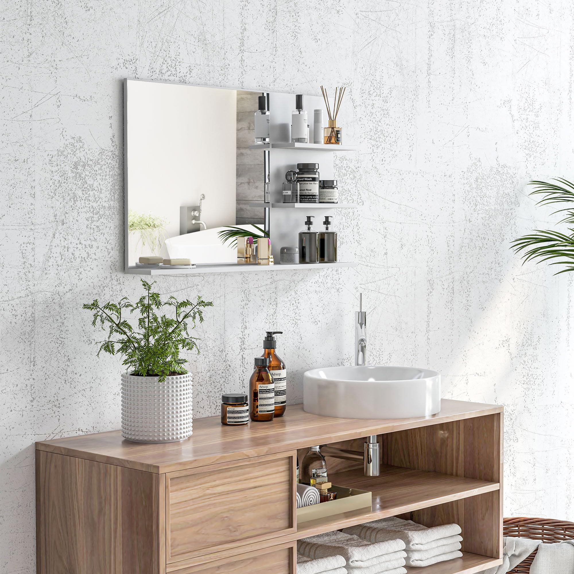 kleankin Specchio Bagno Moderno con 2 Ripiani Laterali e Ripiano Inferiore, Specchio da Parete in MDF e Vetro, 75x10x48 cm, Bianco