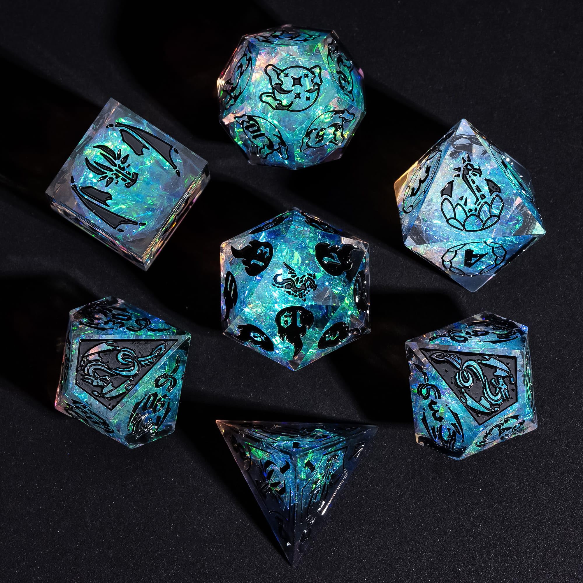 Cusdie 7-Piece Sharp Edges DND Dice Set with Dragon Pattern - Perfect for Tabletop RPGs Board Games Gifting and Collecting(Galaxy/Black Number) â image 1