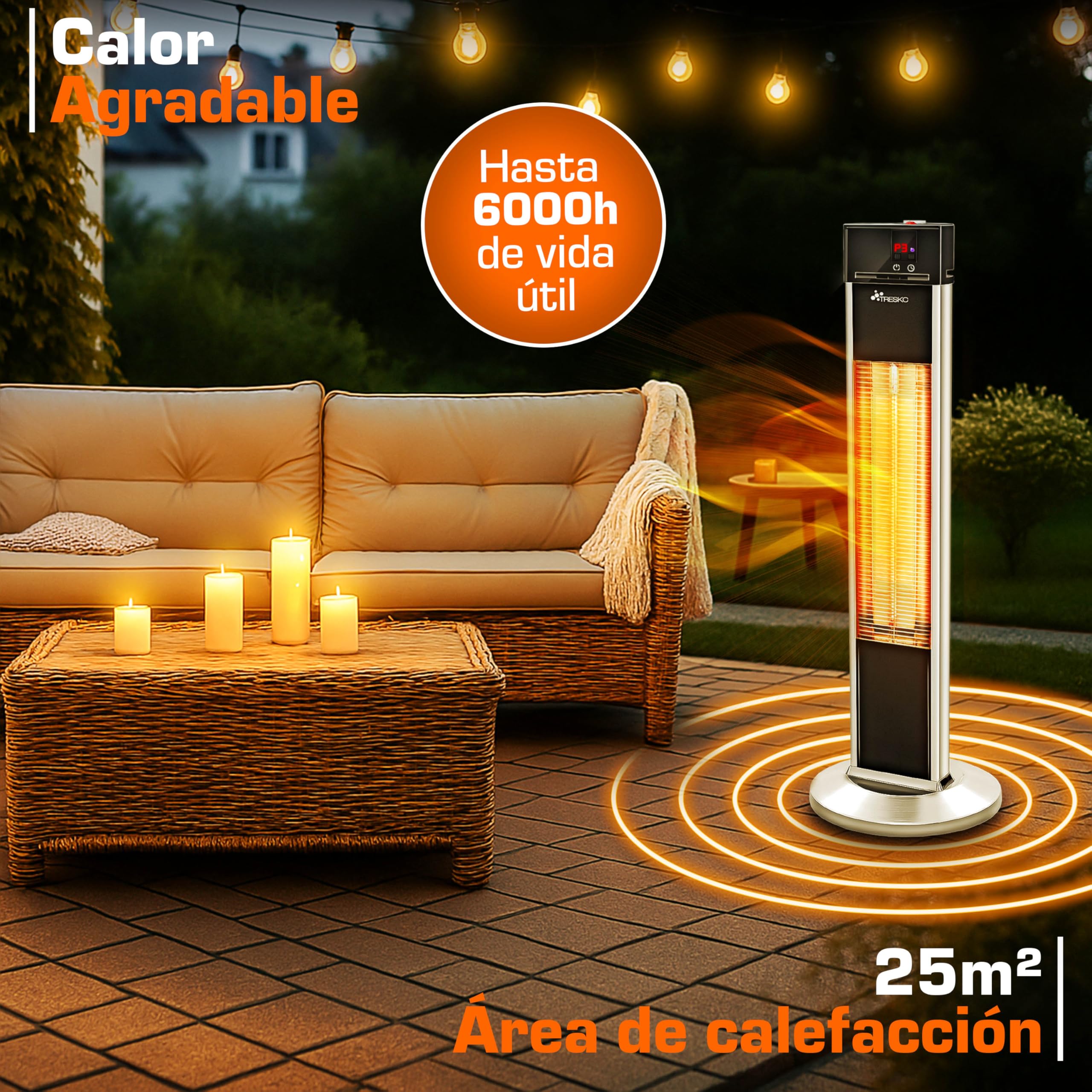 TRESKO Calefactor por Infrarrojos para Terraza | 2000W + Control Remoto | Estufa Radiante con 3 Temperaturas | Radiador Eléctrico para Exterior e Interior | Calentador con Pantalla LED