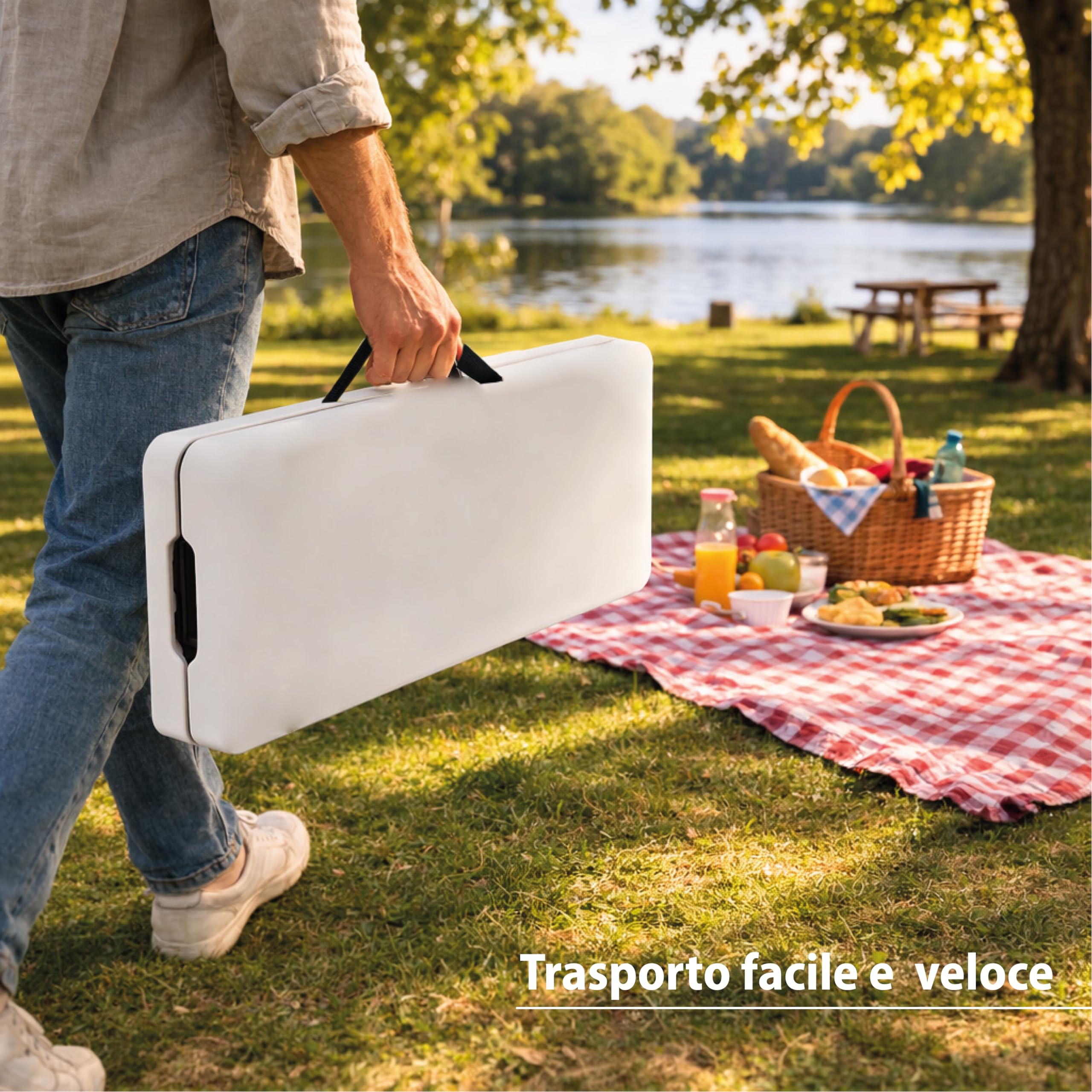 Panchina Pieghevole a Valigetta con Maniglia - Panca per Buffet, Giardino, Campeggio, Feste, Catering, Sagre, Bar, Mercato- Tavolo da Camping Salvaspazio Bianco 180x28x44h cm