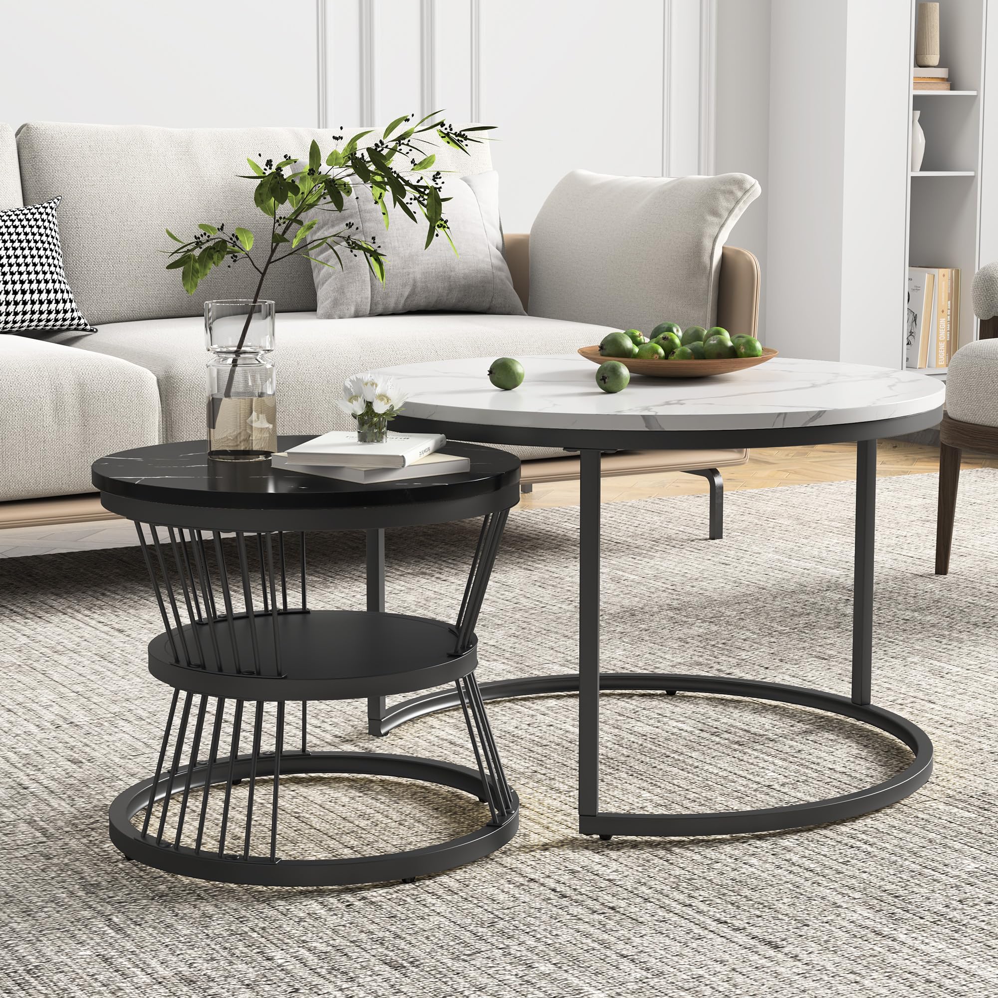 Set di 2 Tavolini da Caffè, Tavolino da Caffè in Marmo con Struttura in Metallo, Tavolino Rotondo,Tavolini Impilabili per Il Soggiorno, La Camera da Letto, Il Balcone (Bianco + nero, 70+45 cm)