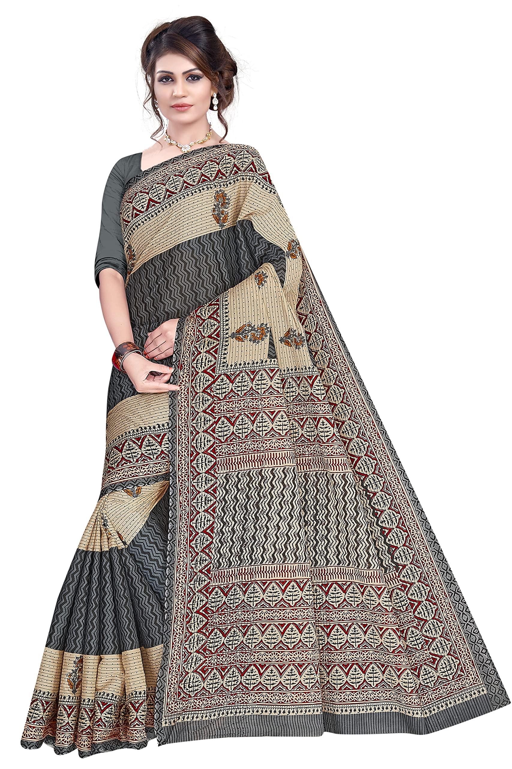 Tamaira Fashion Women's Plain Weave Pure Cotton Saree Without Blouse Piece (2405_Beigeandgrey)