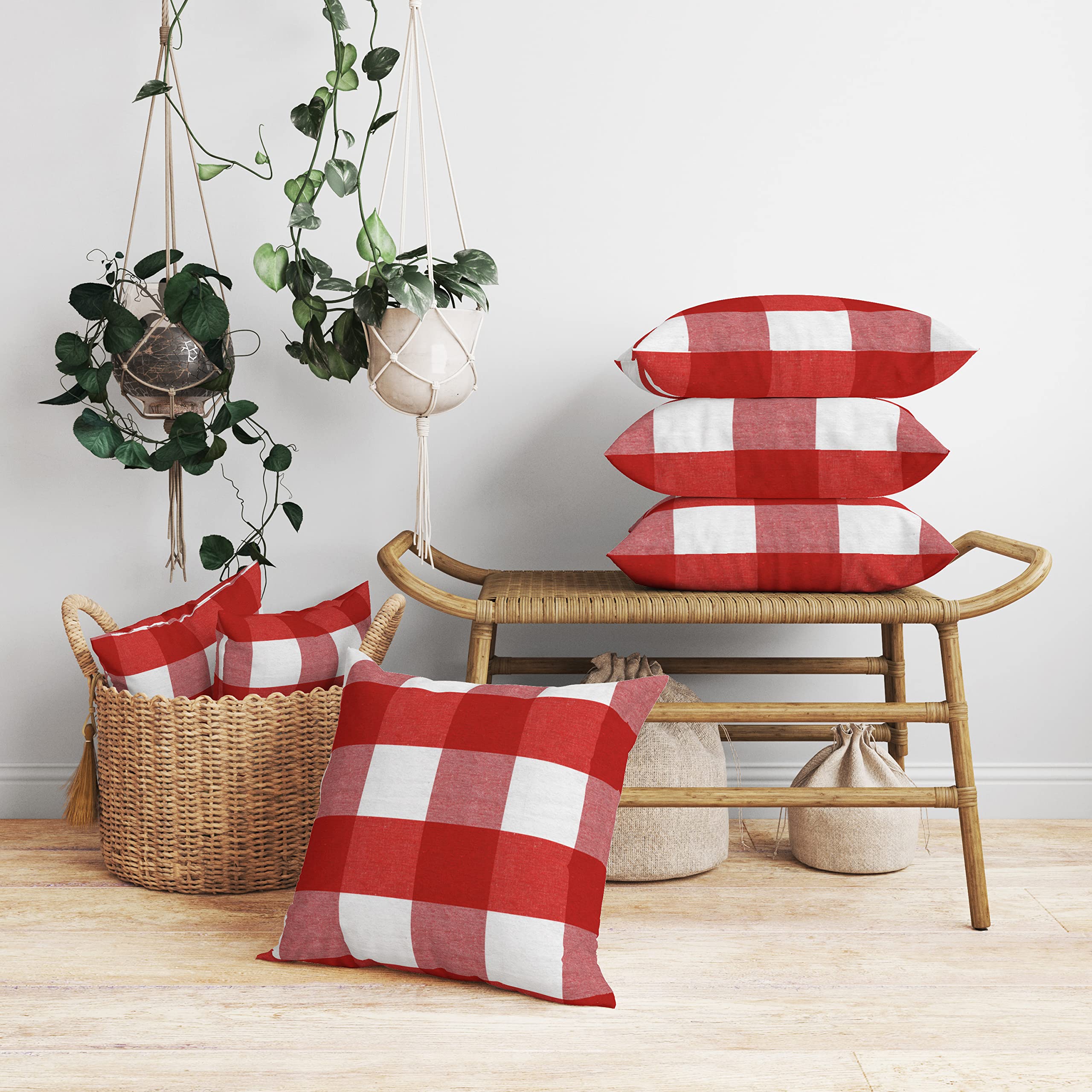 Encasa Homes Cushion Covers 2 pcs Set (40x40 cm)-Buffalo Red Checks-Decorative Large Square Colourful Washable Eco-Cotton, Pillow Cases for Living Room, Sofa, Chair, Bedroom, Home & Hotel