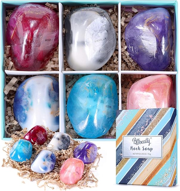 Soap Bar Set - BFF BEAUTY 6pcs Hand Face Body Bar Soap Birthday Gift Set for Women Set, Perfect Gemstone Soap Rocks Set for Women & Men Moisturizing Skin, Best Gift Ideal for Birthday Gifts