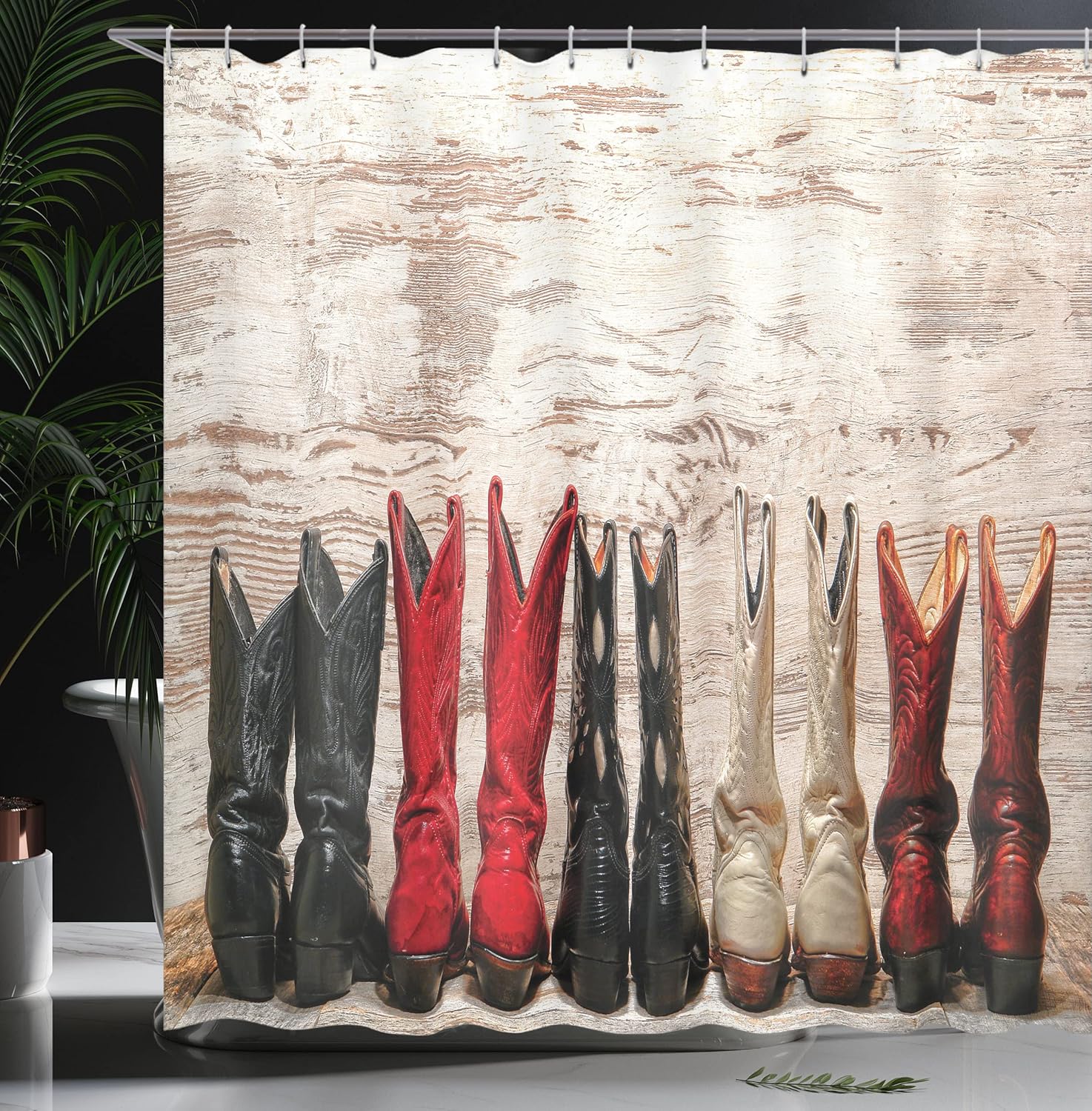 Ambesonne Western Shower Curtain, American Cowgirl Leather Boots Rustic Wild West Theme Cultural Print, Cloth Fabric Bathroom Decor Set with Hooks, 69" W x 75" L, Beige Red Black