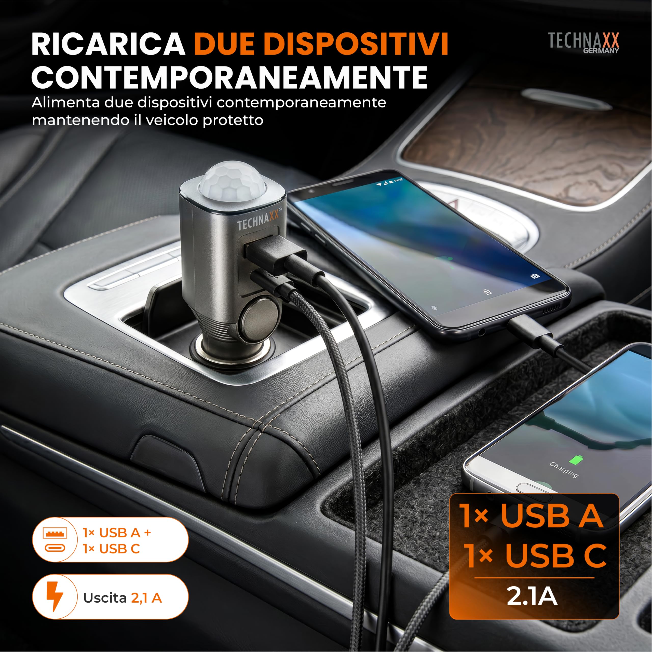 Technaxx Allarme auto con sensore di movimento PIR – Allarme plug-in 12–24V con sirena 110dB, batteria 6 giorni, porte USB-A & USB-C, display LED e telecomando - 2026 Update Model - TX-100