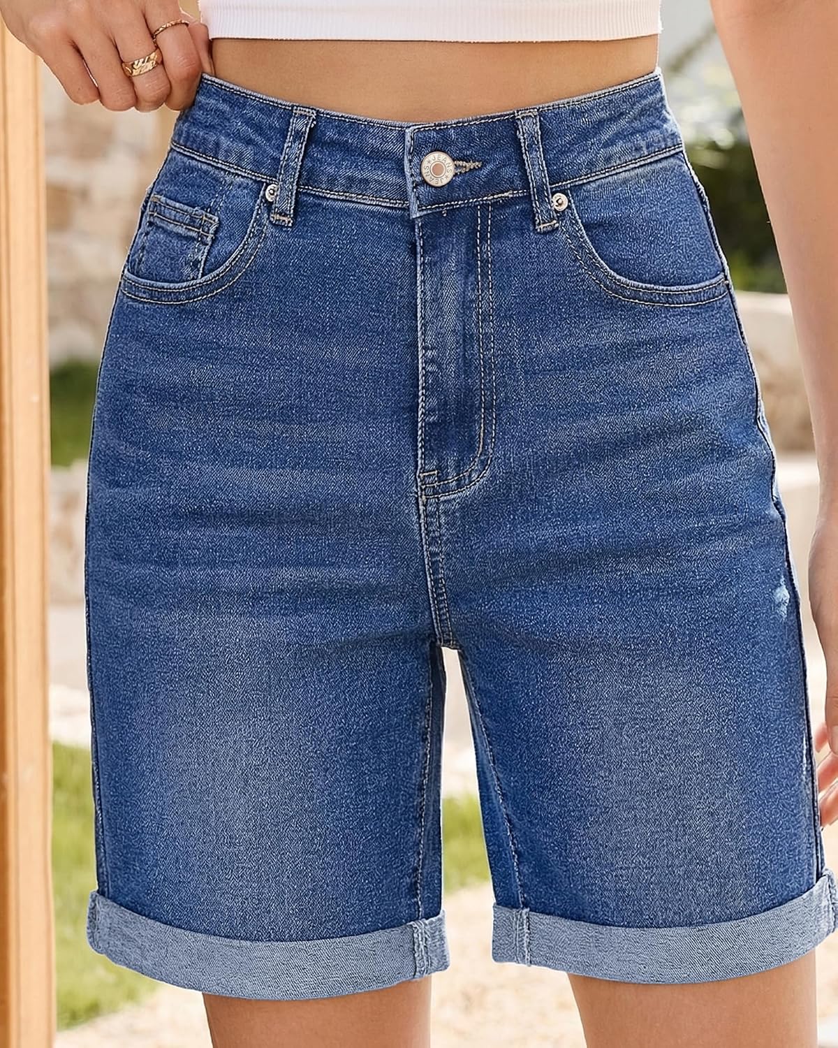 Vetinee Jean Shorts Womens High Waisted Fold Hem Stretchy Long Denim Shorts Mid Thigh Summer Casual Jorts 7 Inch Inseam