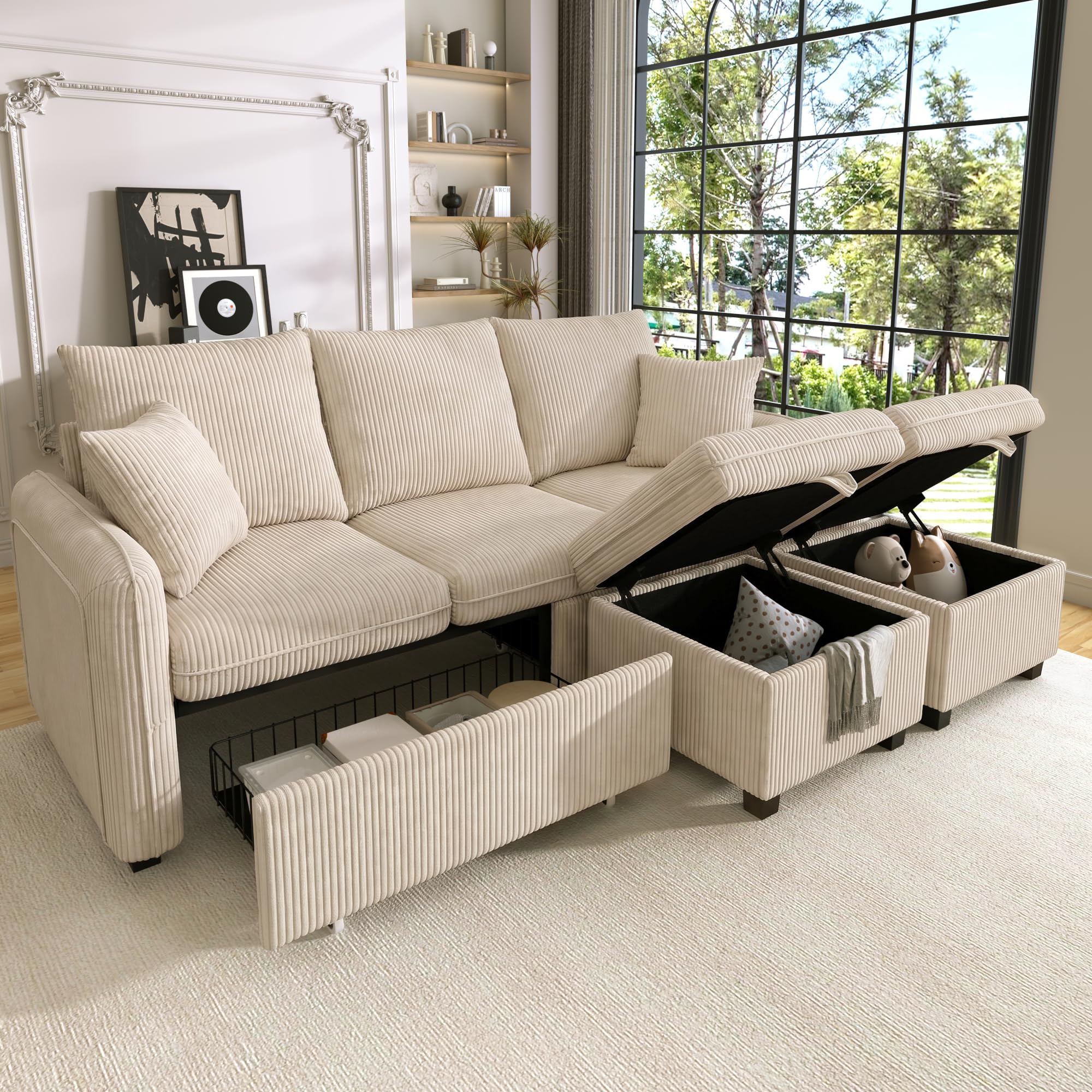 Merax Modulares 3-Sitzer Sofa-Set, Ecksofa in L-Form & U-Form mit 2 Stauraum-Hockern, Couch mit 2 Schubladen, Flexibel kombinierbare Wohnlandschaft aus Chenille, Beige