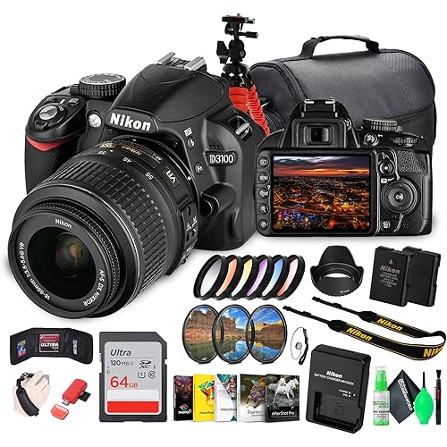 Nikon D3100 DSLR Camera Kit with 18-55mm VR Lens – Beginner-Friendly & Compact (25472) + Photography Software + Camera Bag + 64GB Memory Card + Flexible Tripod + Cleaning Kit + Hand Strap + More