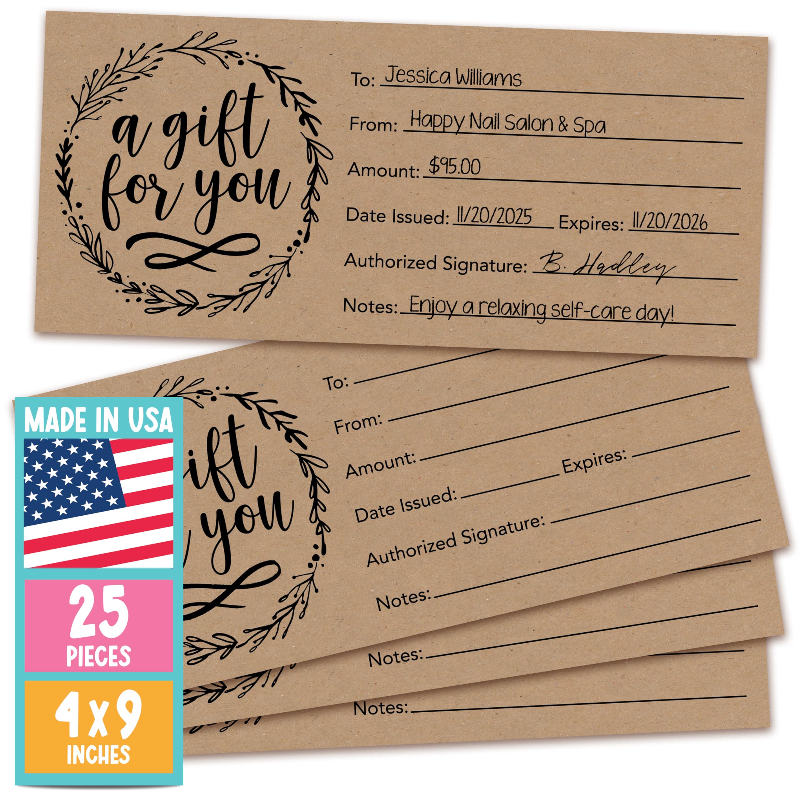 Hadley Designs 25 Blank Gift Certificates for Business – 4x9 Christmas Gift Certificates Cards for Small Business, Spa, Massage, Nail & Hair Salon, Restaurant, Holidays Coupon Vouchers Made in USA