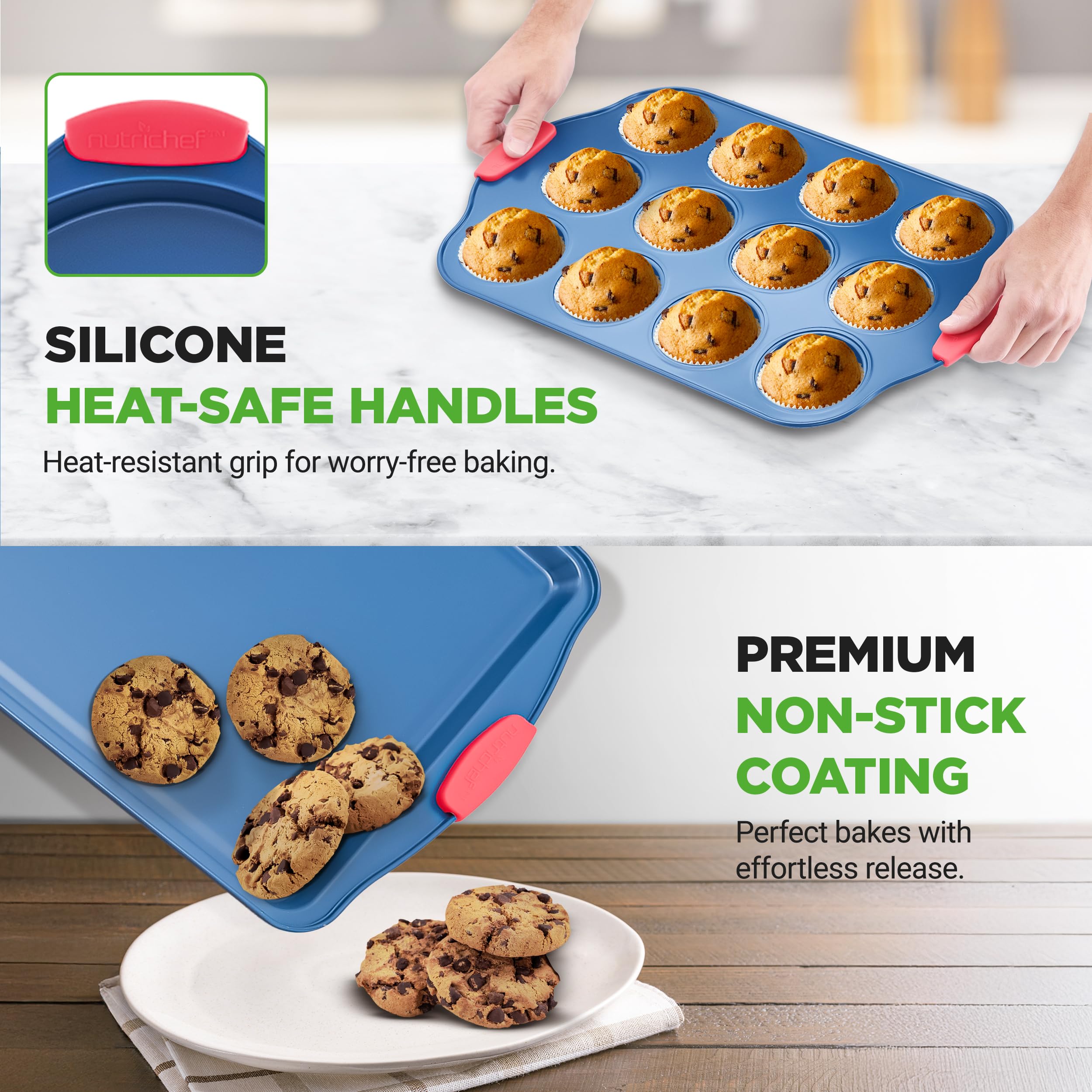 NutriChef Set di 6 teglie da forno antiaderenti in acciaio al carbonio con manici in silicone rosso, rivestimento blu, durevoli e resistenti alle macchie, perfette per cuocere torte, muffin, biscotti