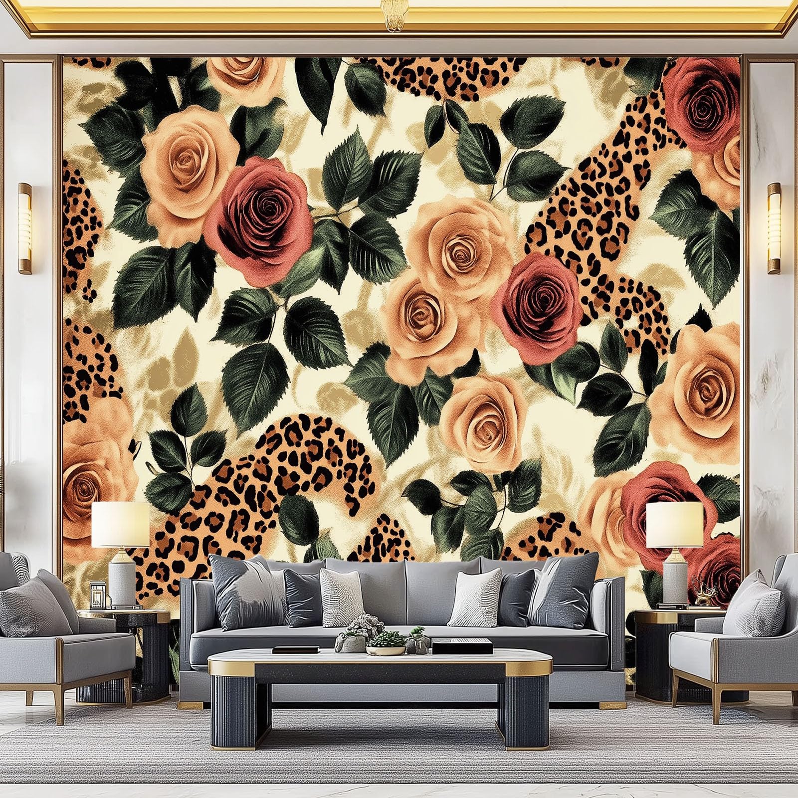 Fotomurales no tejidos para sala de estar con flores retro rojo y marrón de diseño hogareño
