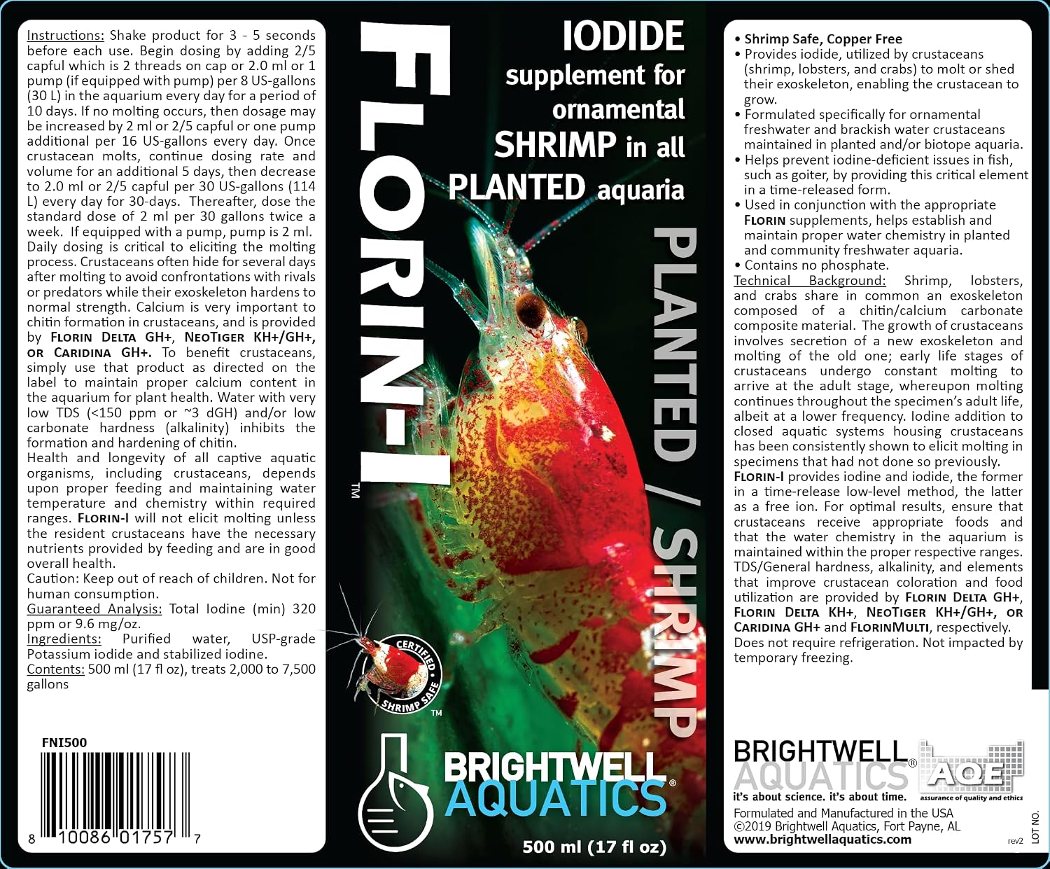 Brightwell Aquatics Florin-I Iodine Supplement for Crustaceans – Supports Molting, Growth & Shell Strength – Safe for Freshwater, Brackish & Planted Tanks, 500 ml