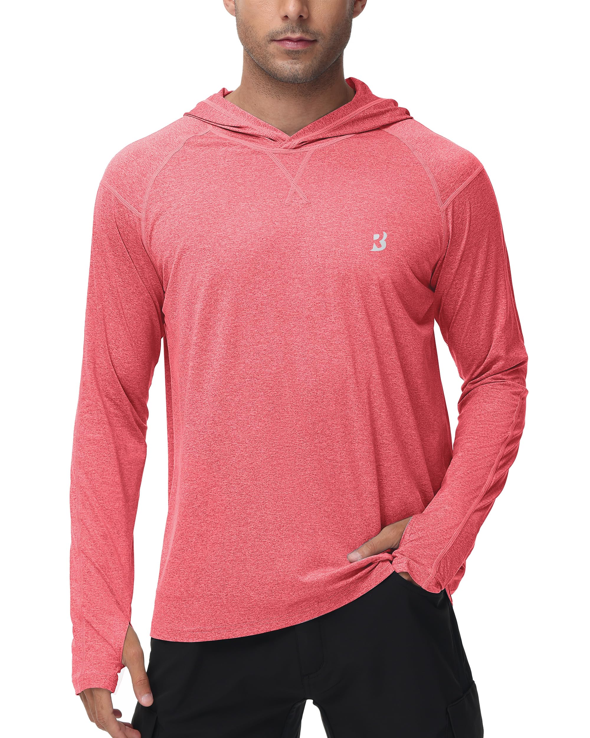 Roadbox Mens UPF 50+ Fishing Shirts, Long Sleeve UV Sun Hoodie, Hiking Running Swim Athletic Workout Shirt A02-rustic Red Large