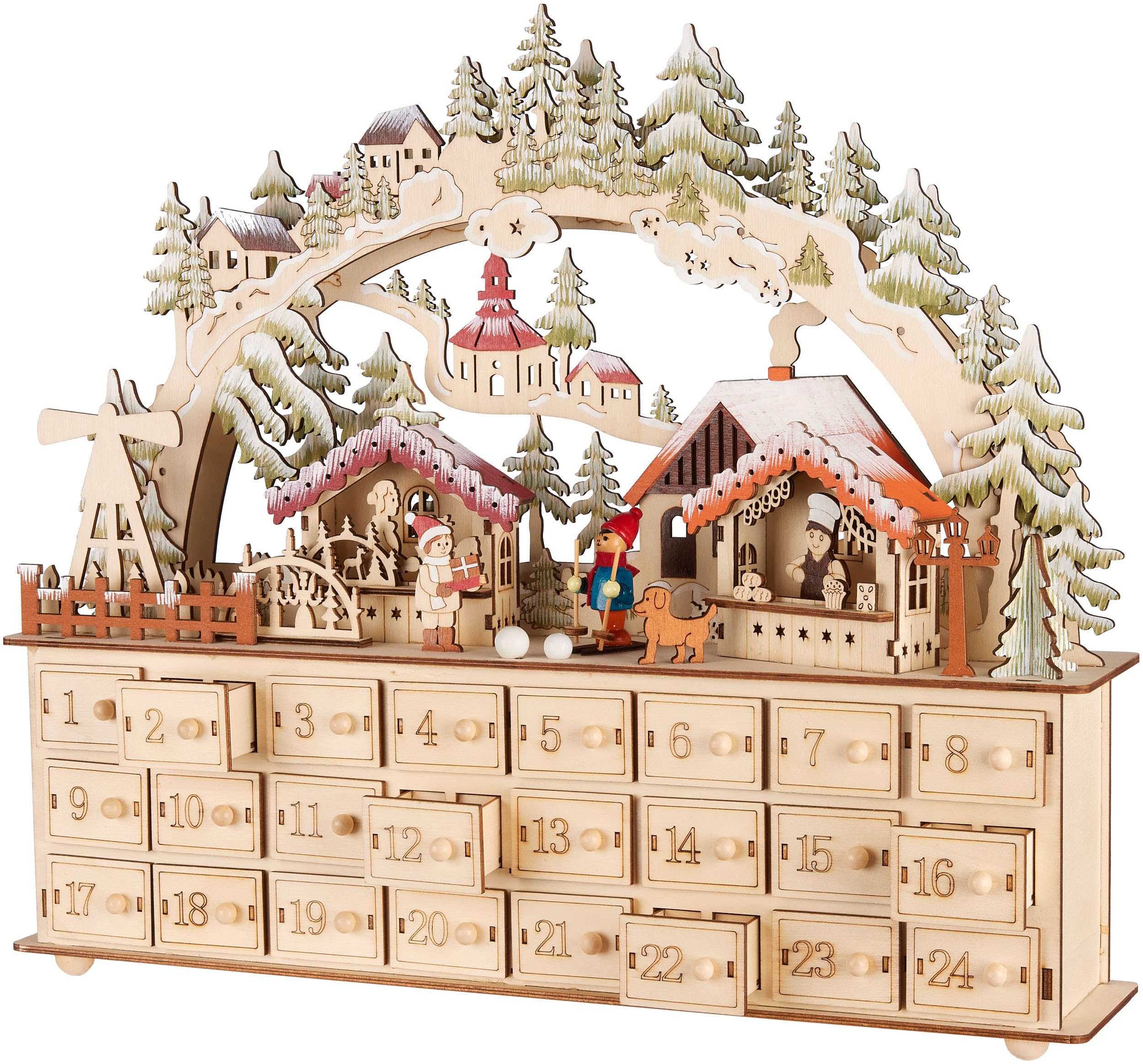 BRUBAKER Adventskalender zum Befüllen - Weihnachtsdorf 2026 | Holz Weihnachtskalender mit LED Beleuchtung - Dorf mit Kindern, Bäckerei, Hund & Wald - 40 cm Kalender mit Bogen - Beleuchtet