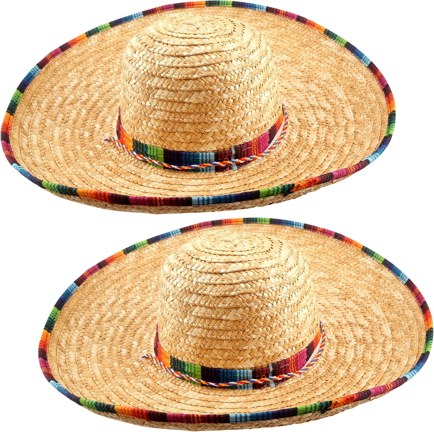 2 Packs Mexican Sombrero Hat with Serape Trim Large Straw Sombrero Hat for Cinco De Mayo Carnival Mexican Theme Party Dress Up Accessories